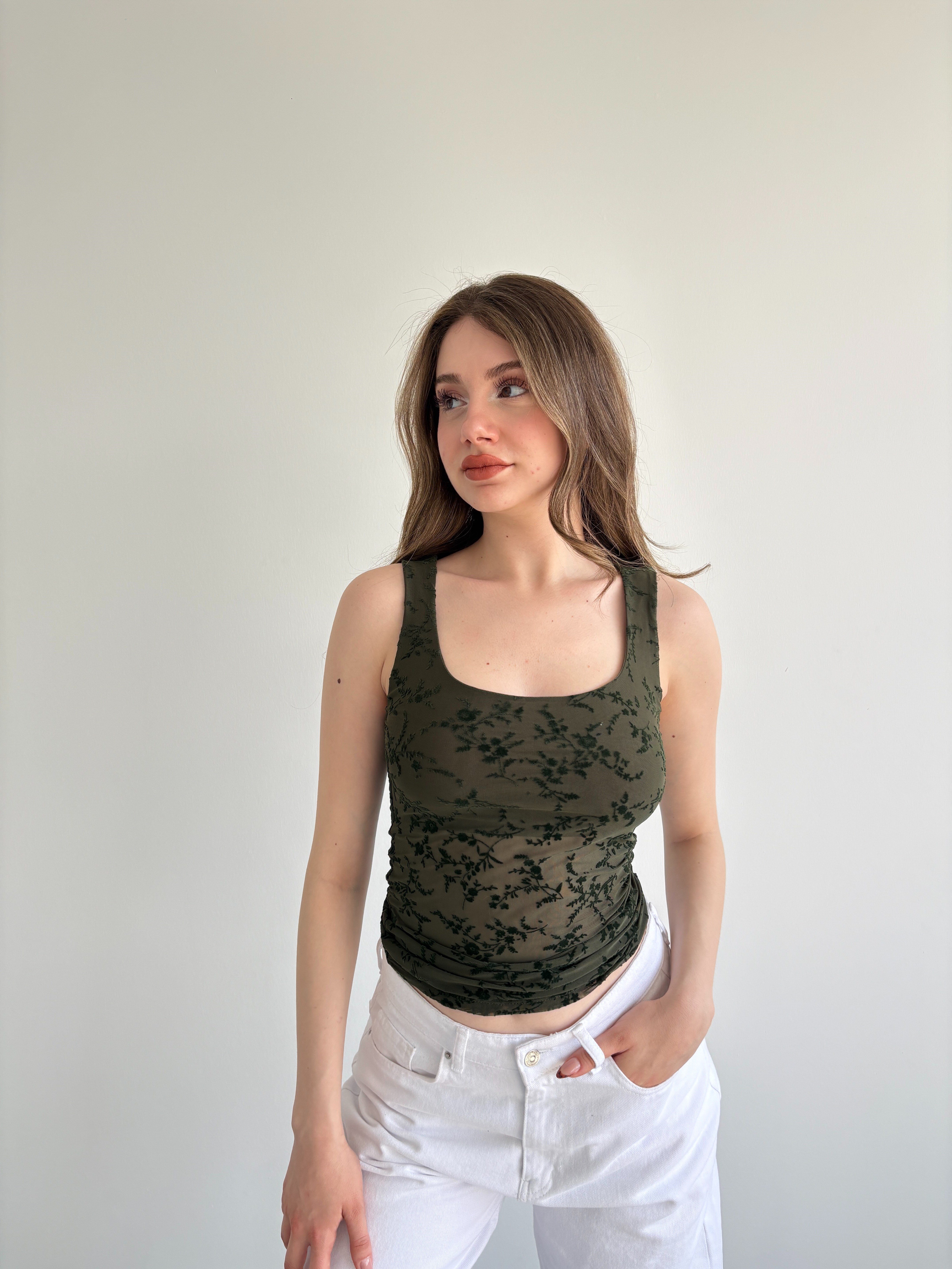 Güpürlü Haki Crop