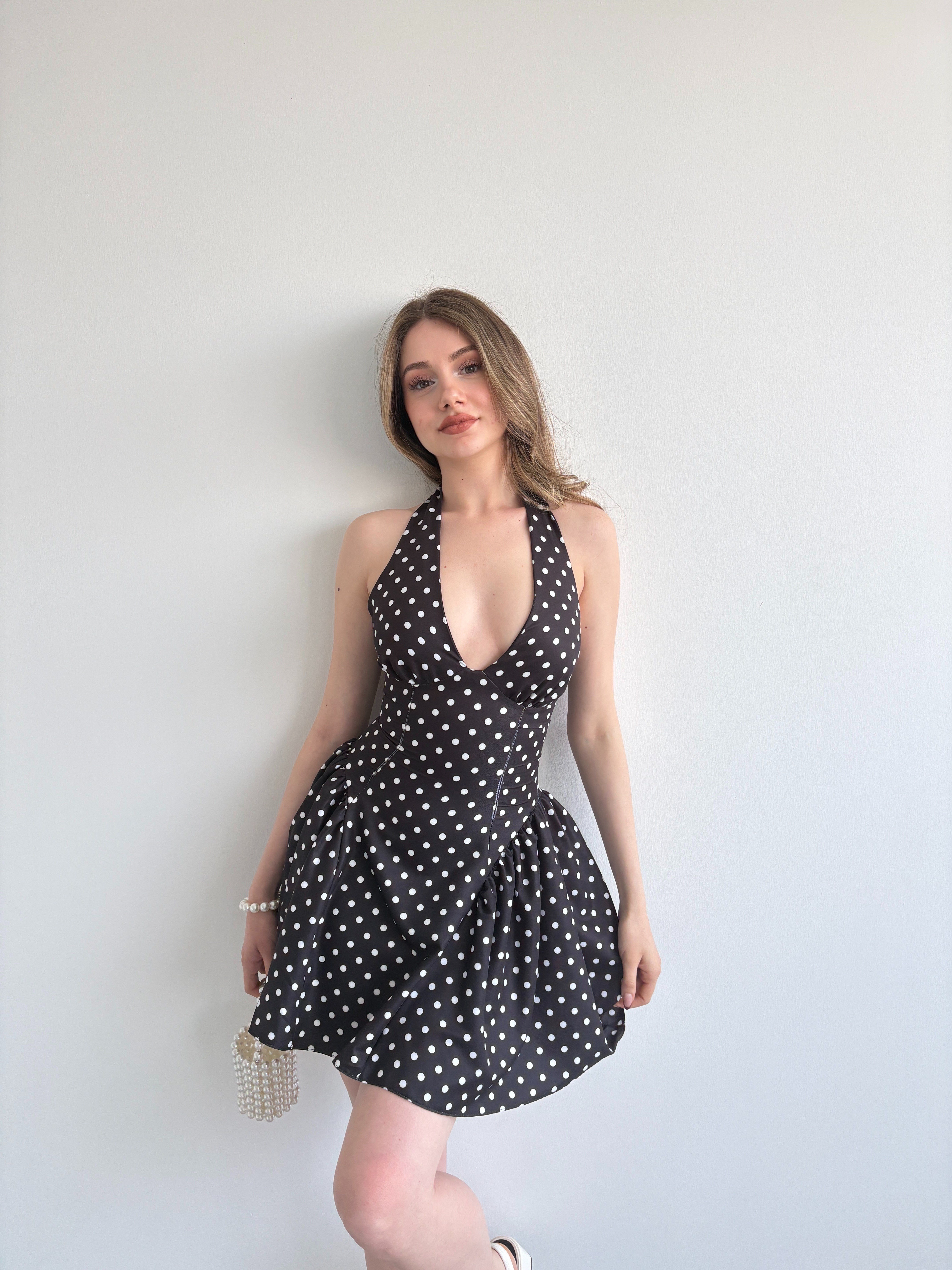 Halter Bağlamalı Puantiyeli Elbise