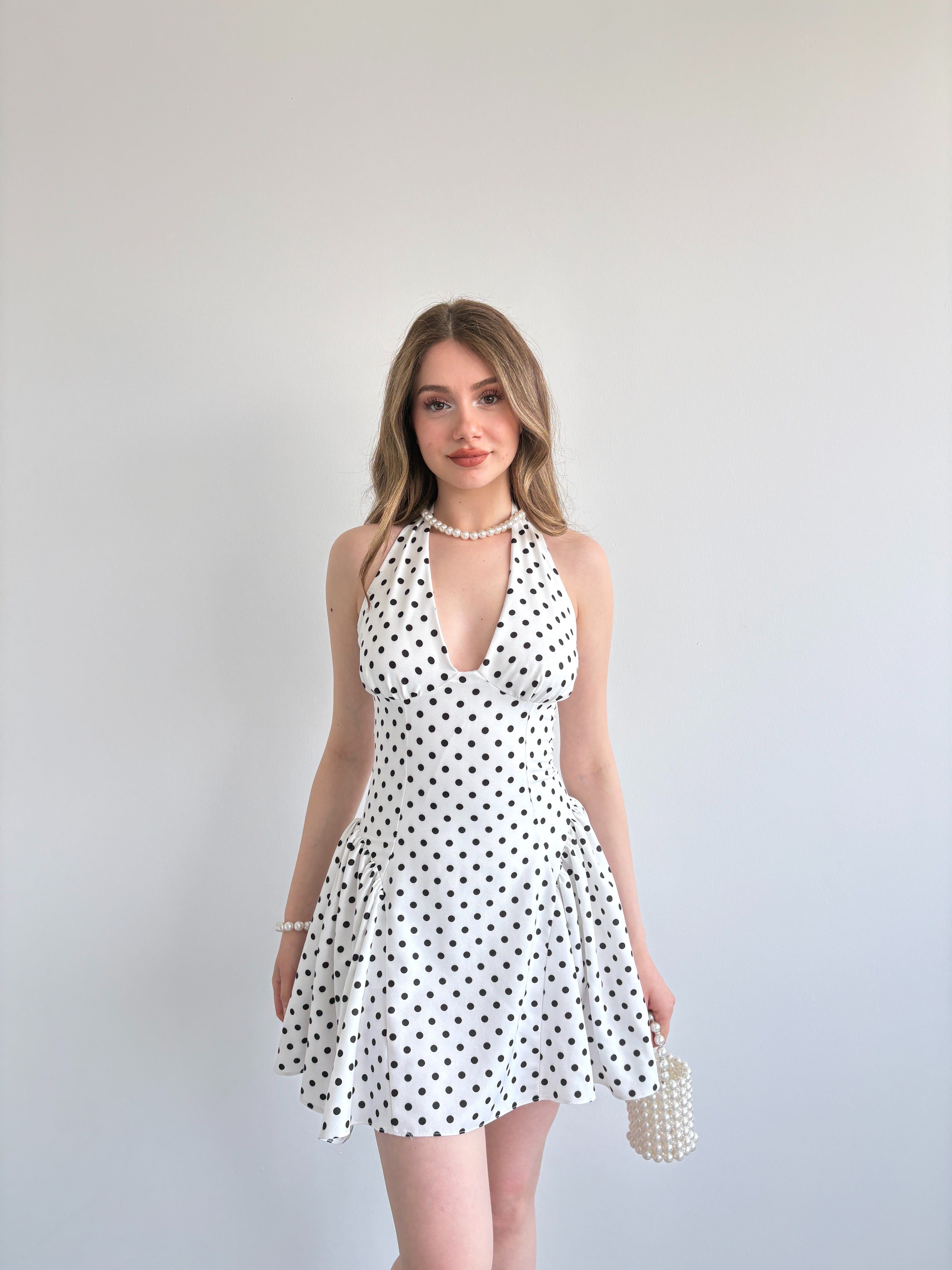Halter Bağlamalı Puantiyeli Elbise