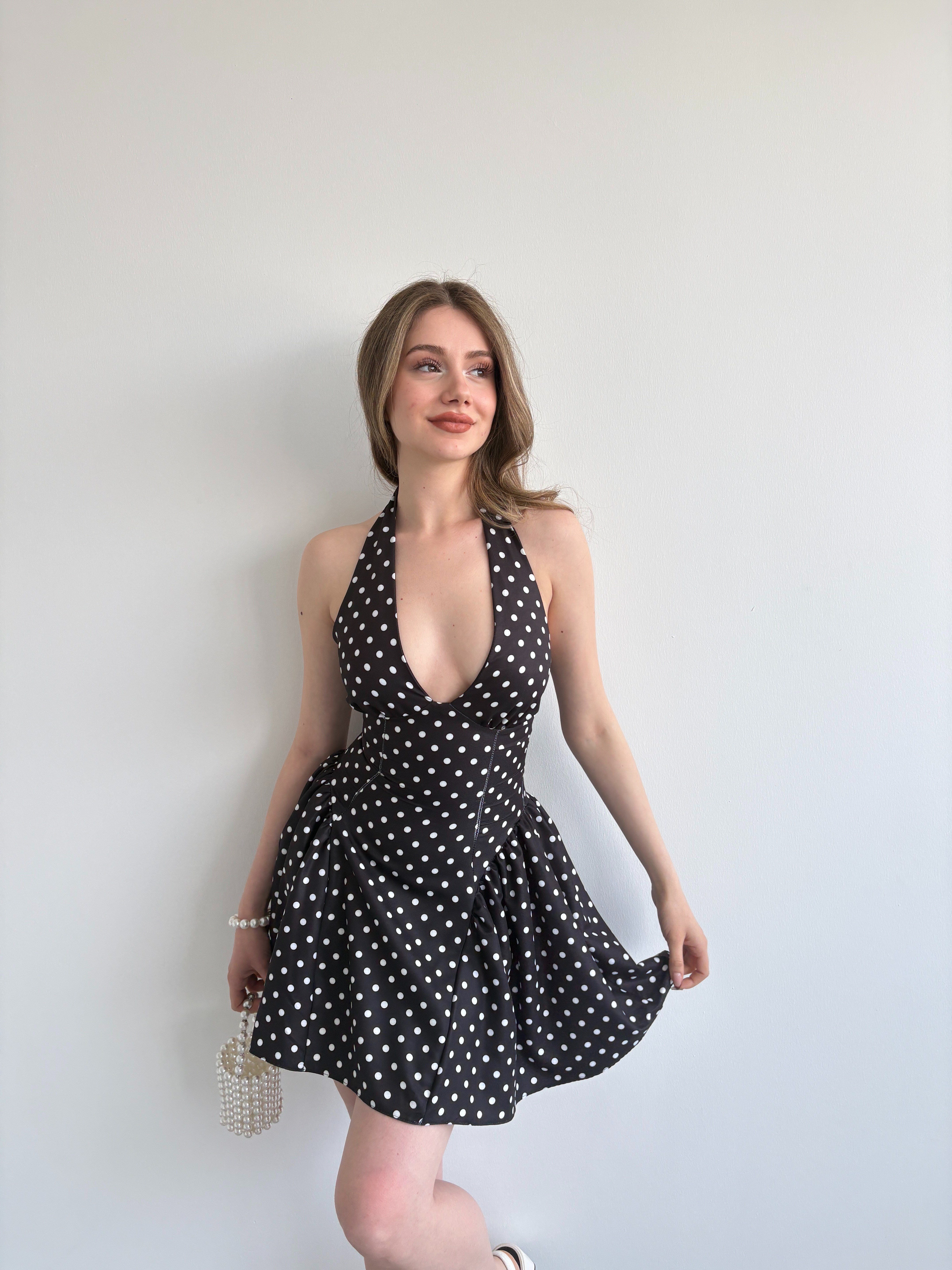Halter Bağlamalı Puantiyeli Elbise