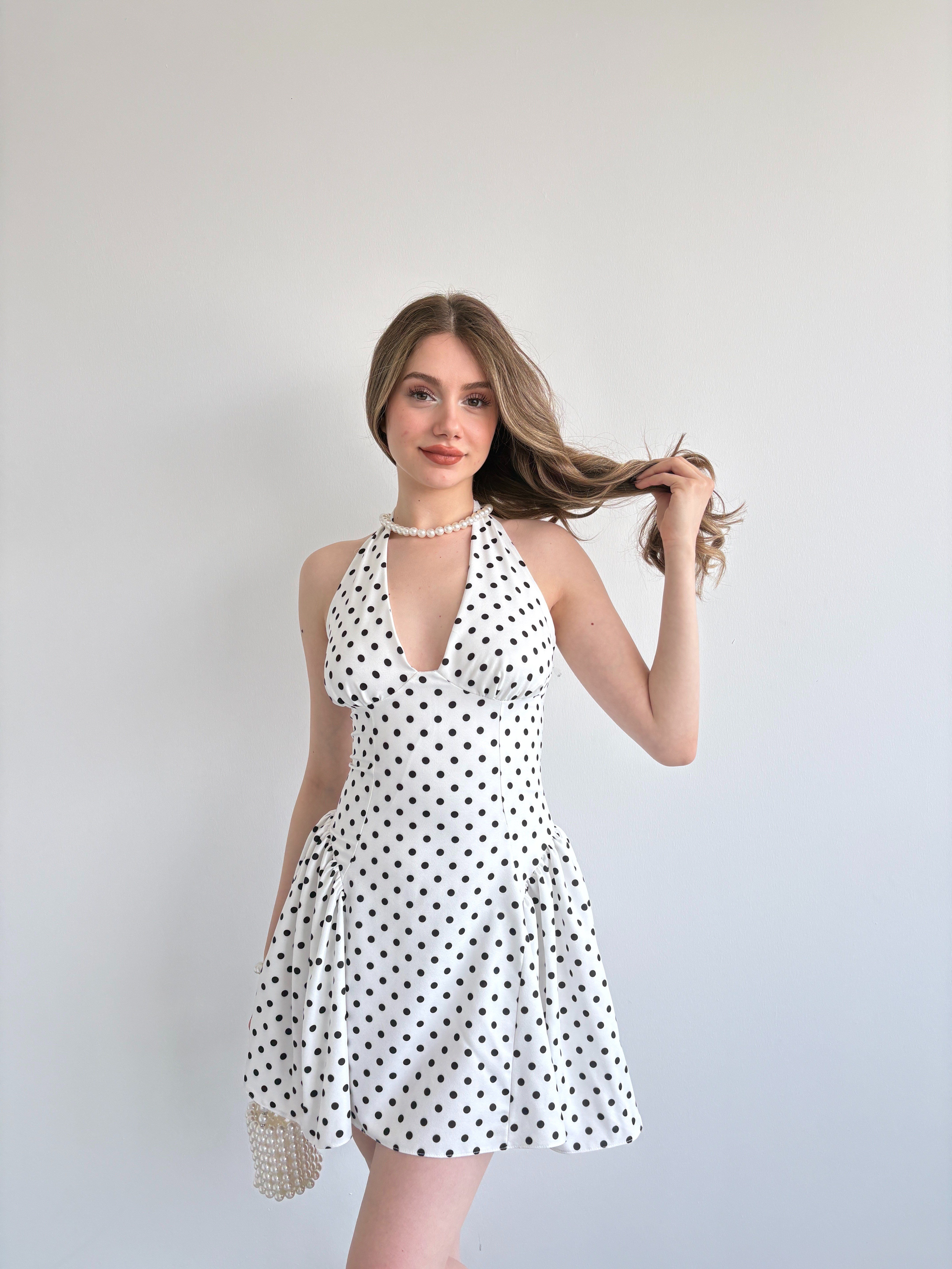 Halter Bağlamalı Puantiyeli Elbise
