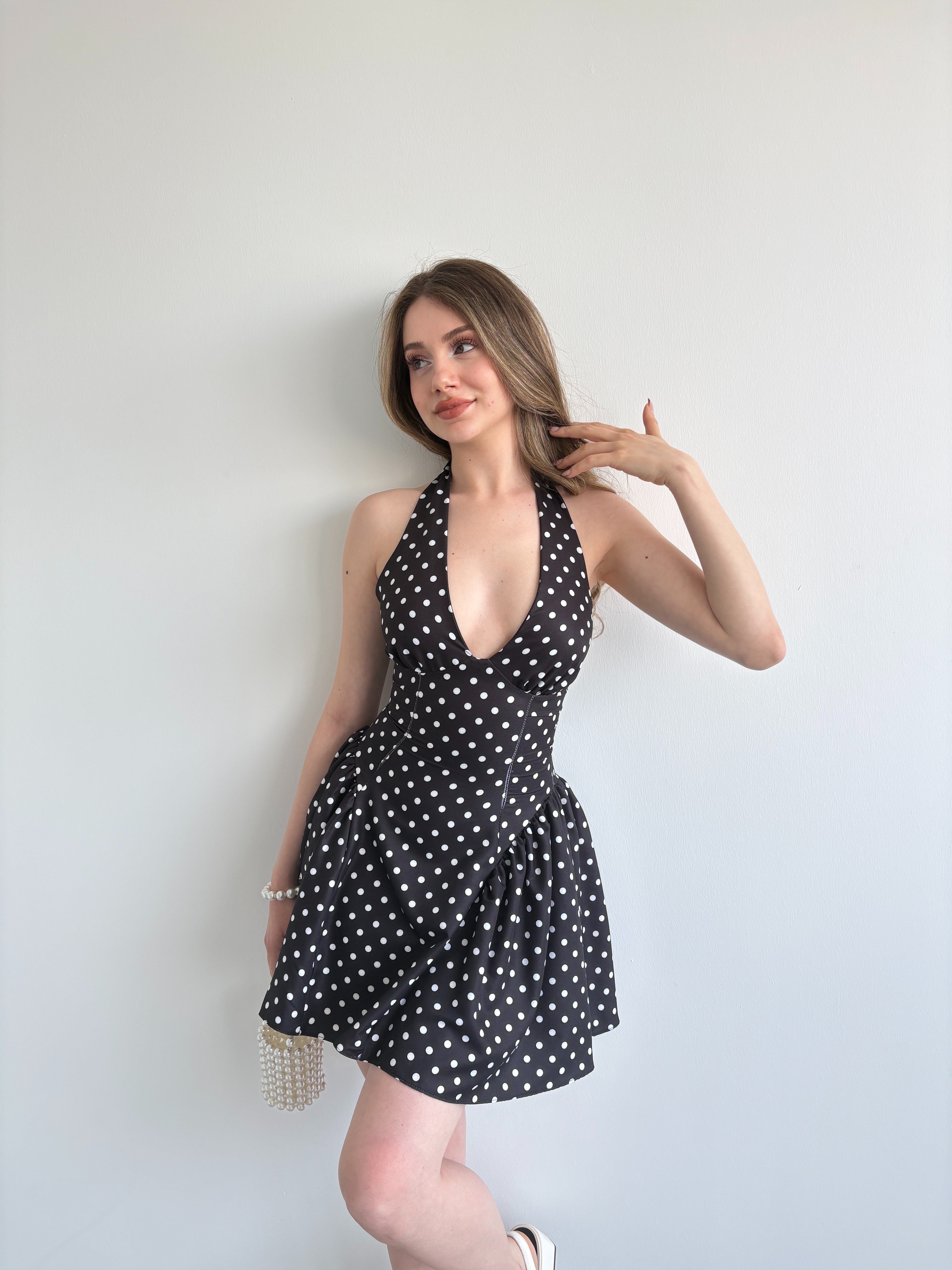 Halter Bağlamalı Puantiyeli Elbise