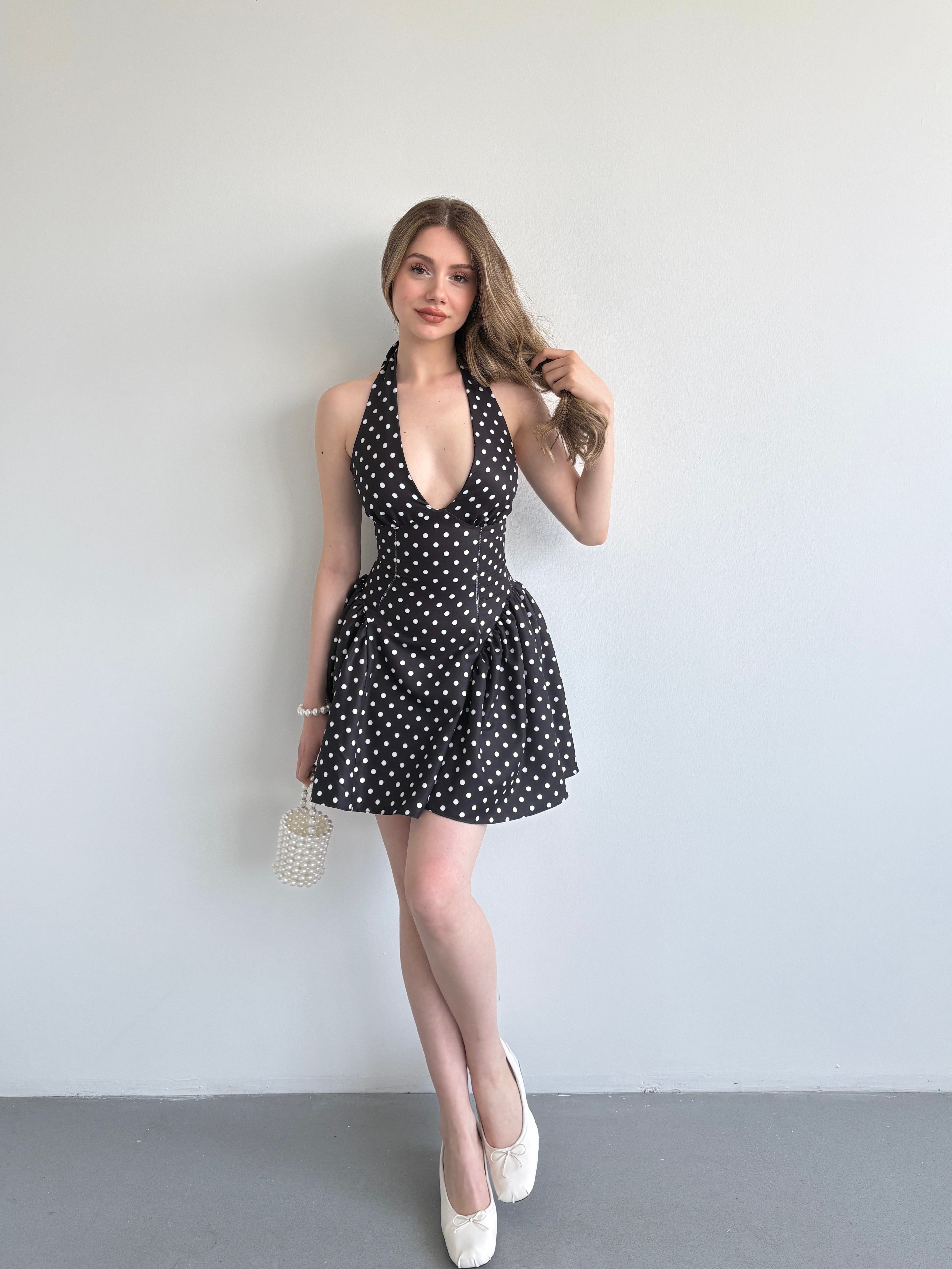 Halter Bağlamalı Puantiyeli Elbise