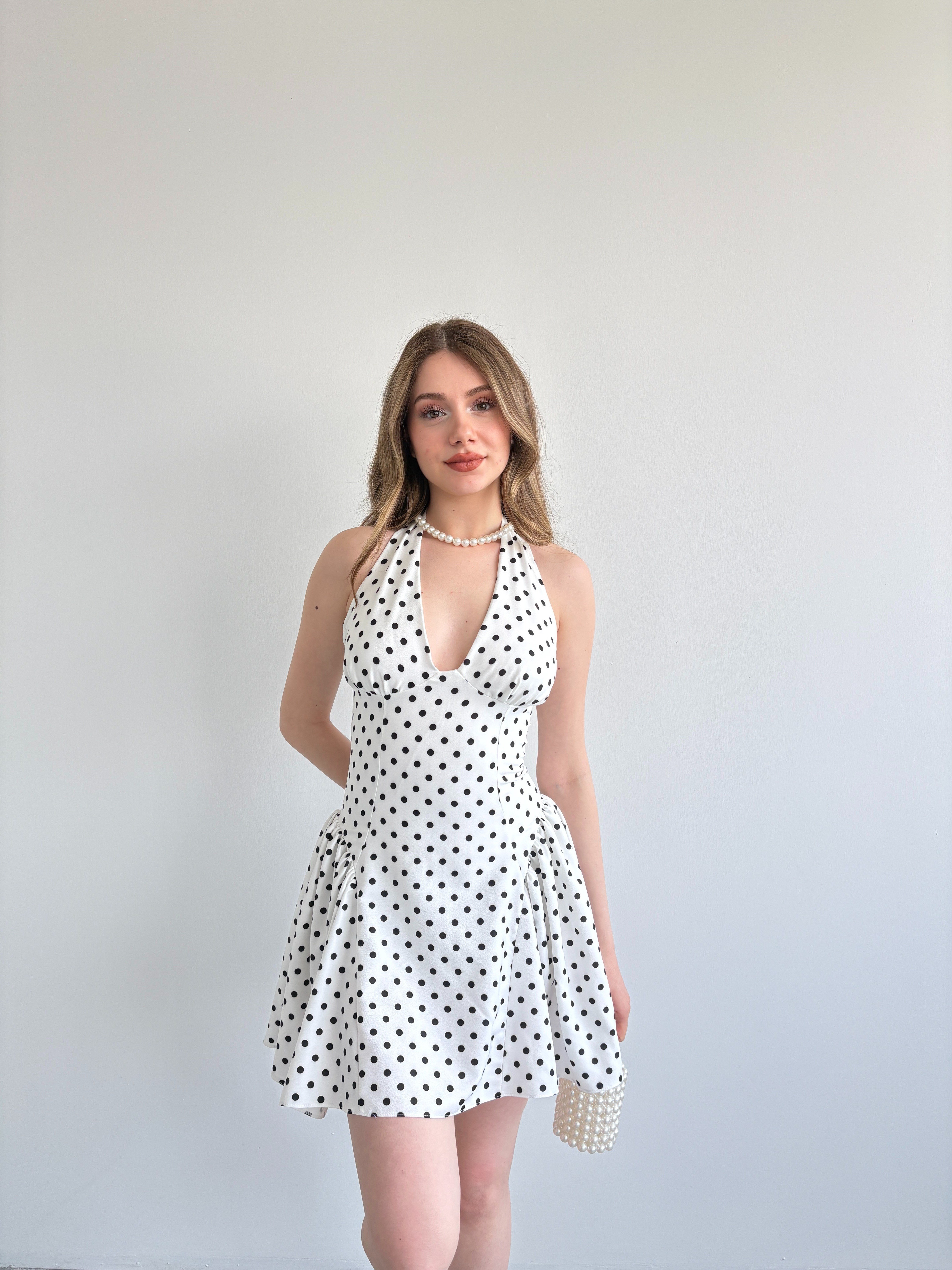 Halter Bağlamalı Puantiyeli Elbise
