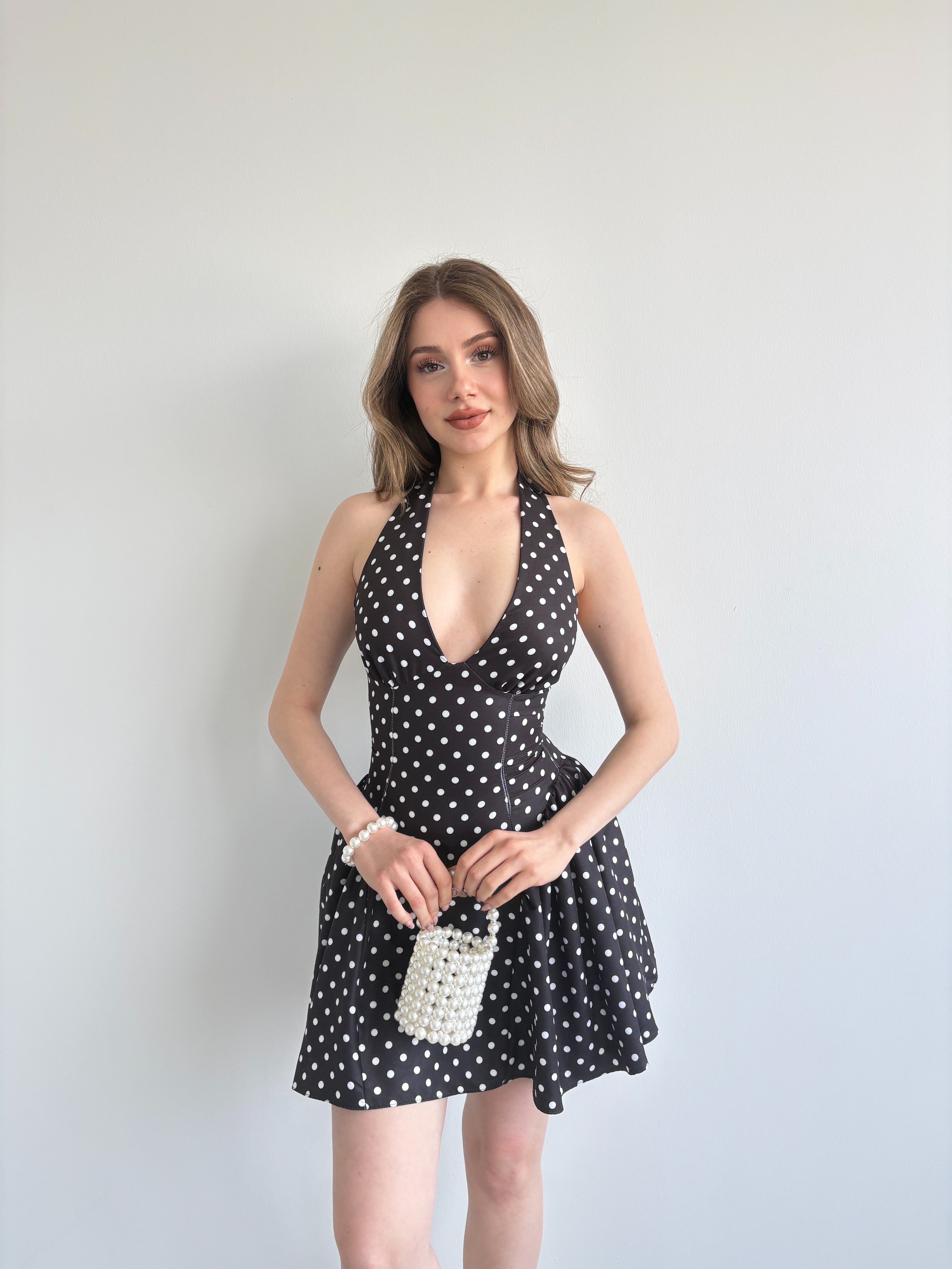 Halter Bağlamalı Puantiyeli Elbise
