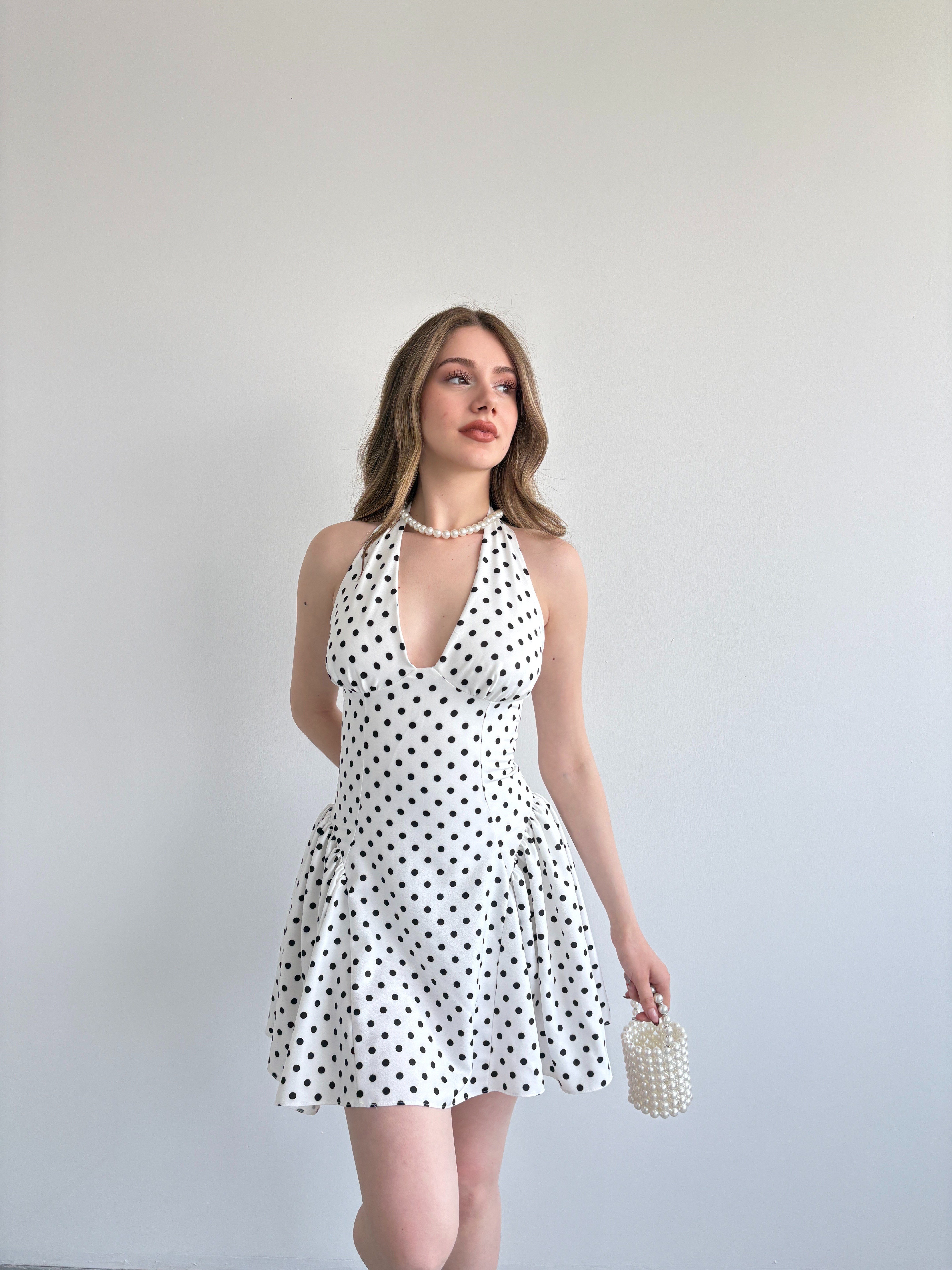Halter Bağlamalı Puantiyeli Elbise