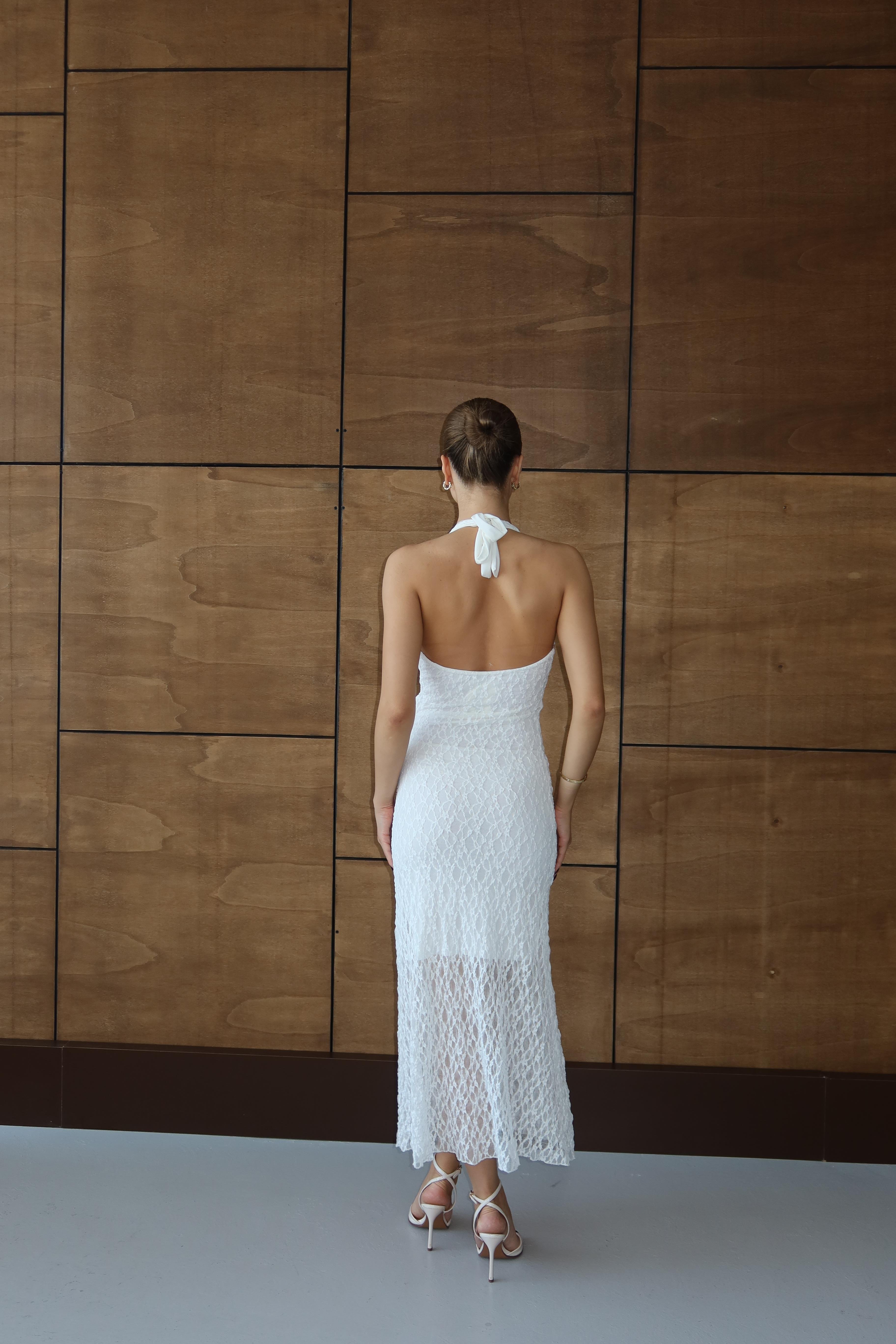 Halter Dantelli Elbise Beyaz