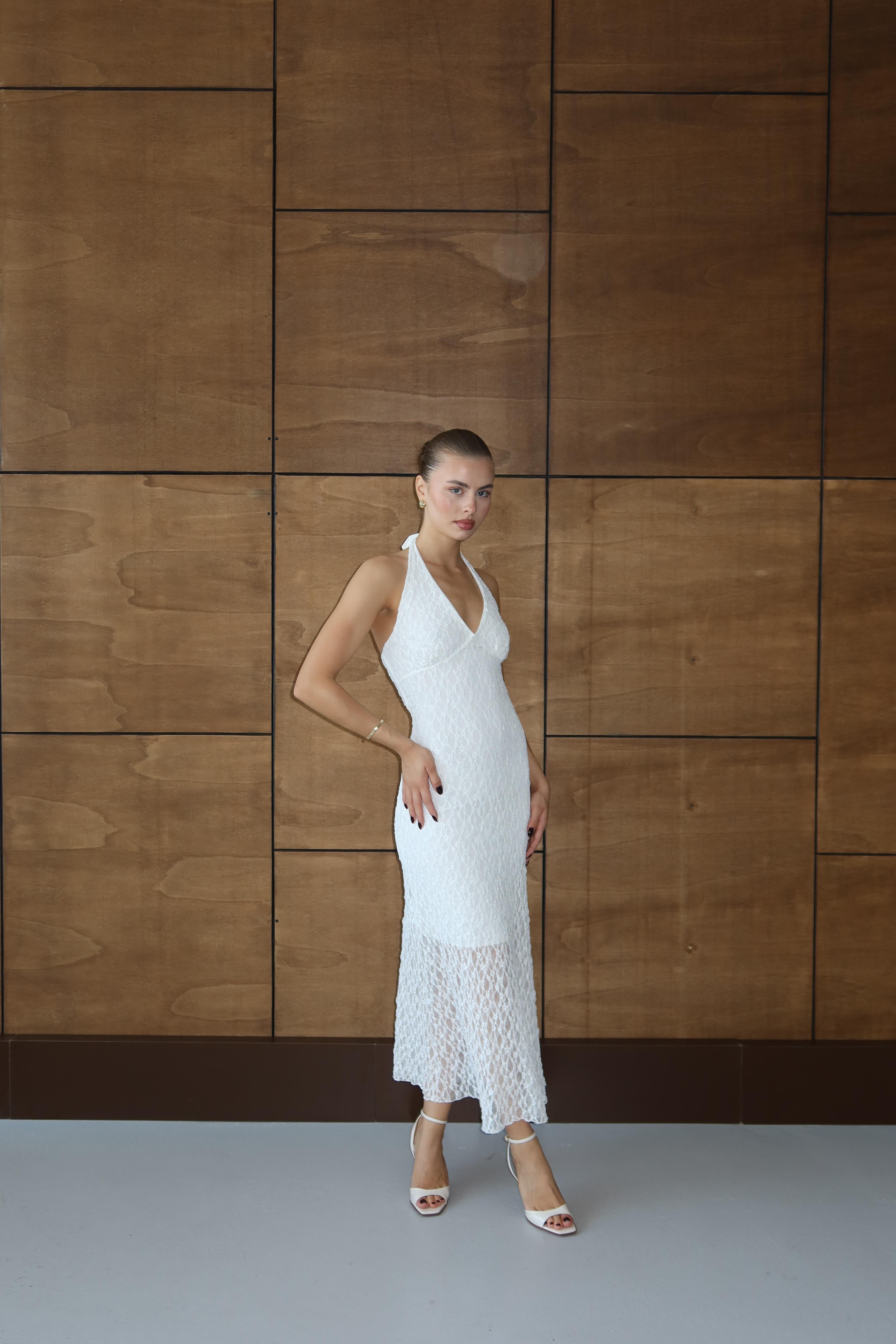 Halter Dantelli Elbise Beyaz