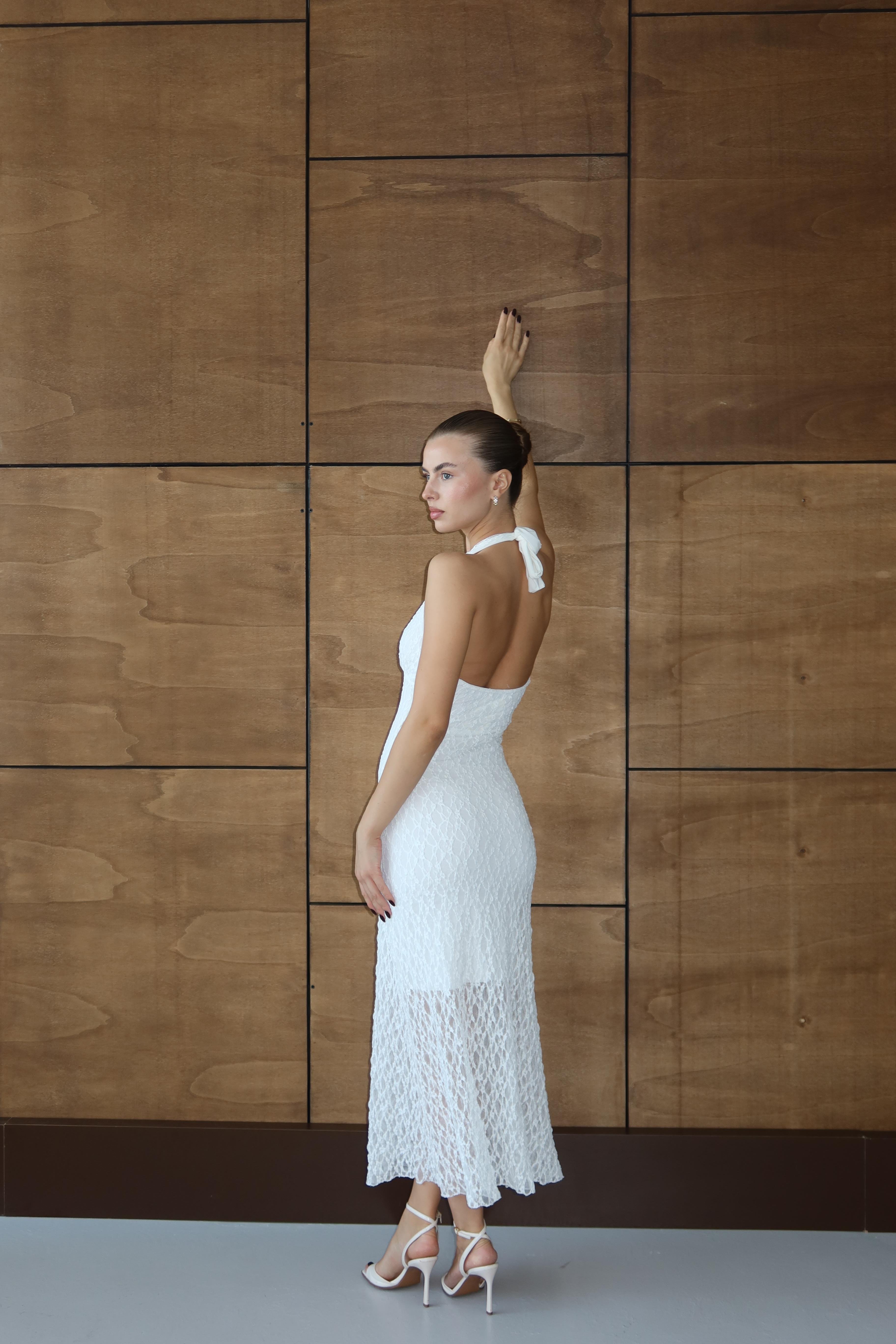 Halter Dantelli Elbise Beyaz