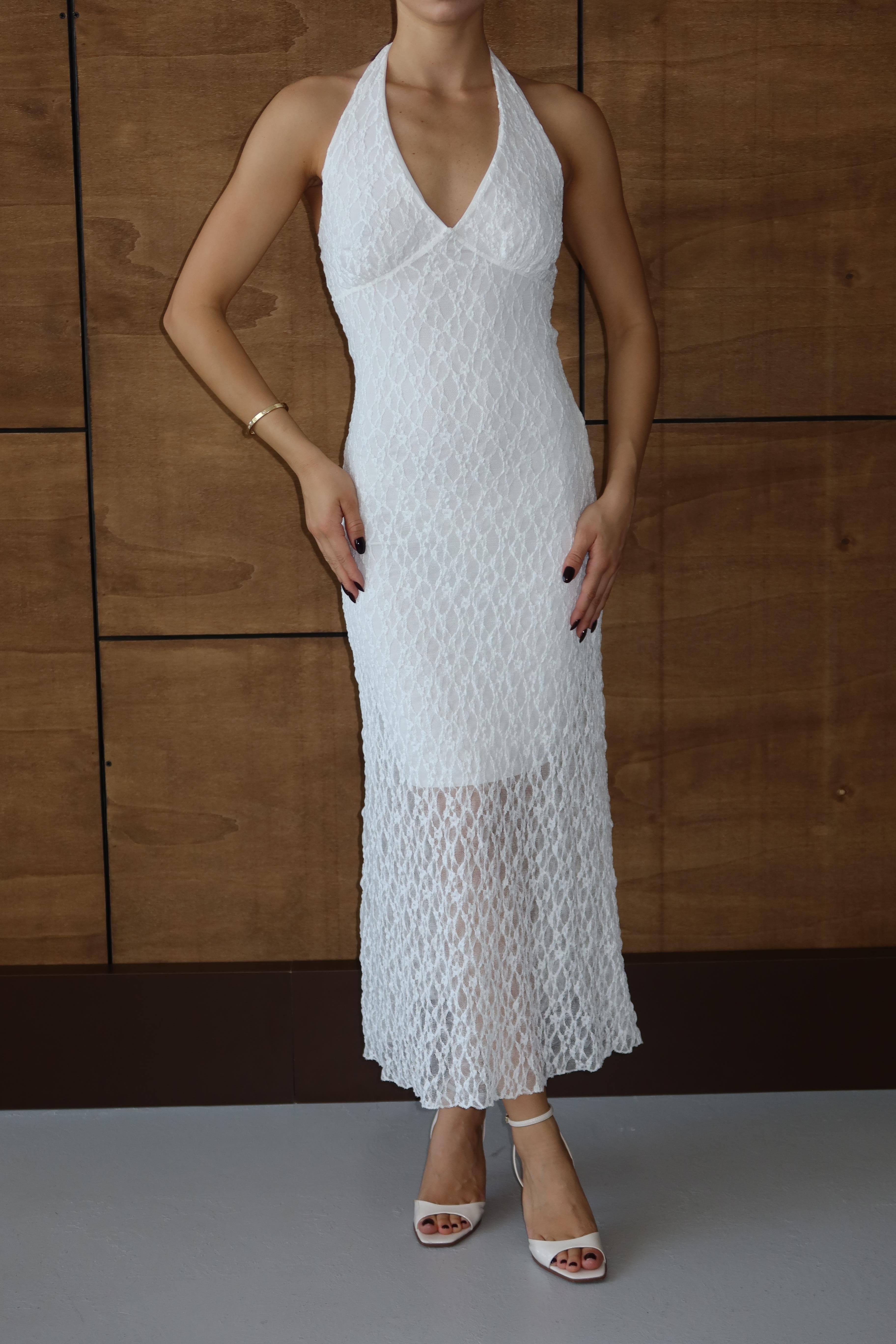 Halter Dantelli Elbise Beyaz