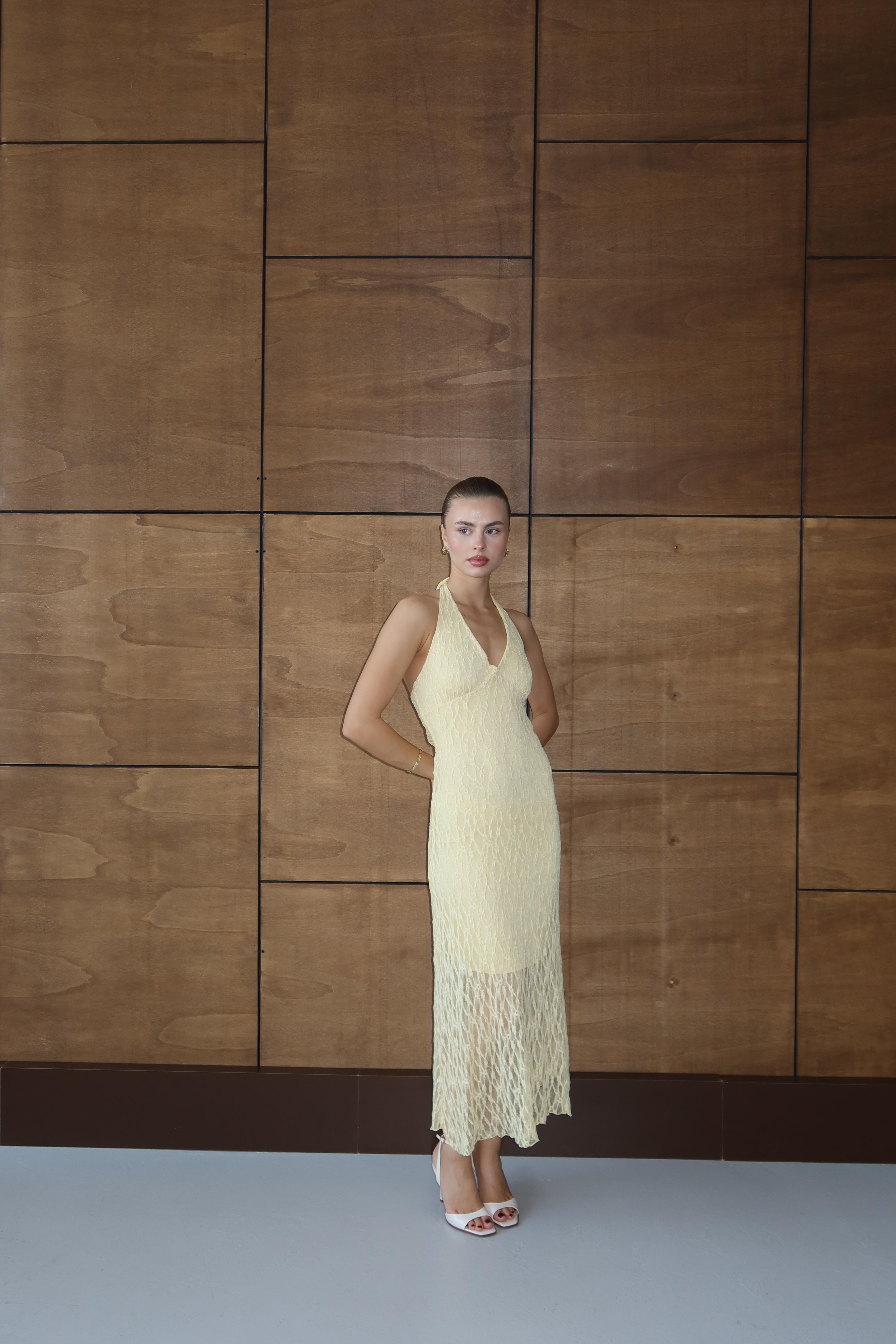 Halter Dantelli Elbise Sarı