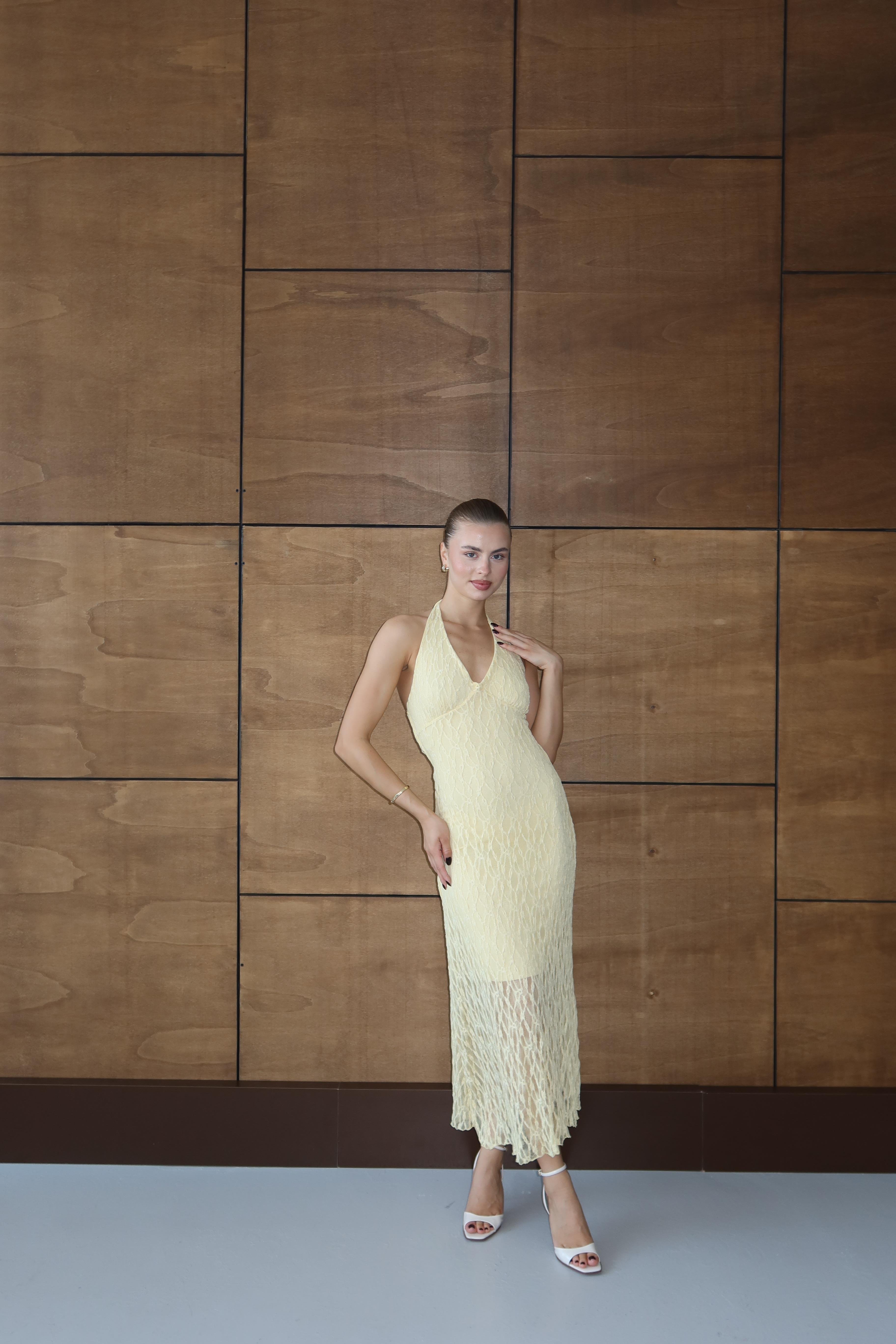 Halter Dantelli Elbise Sarı