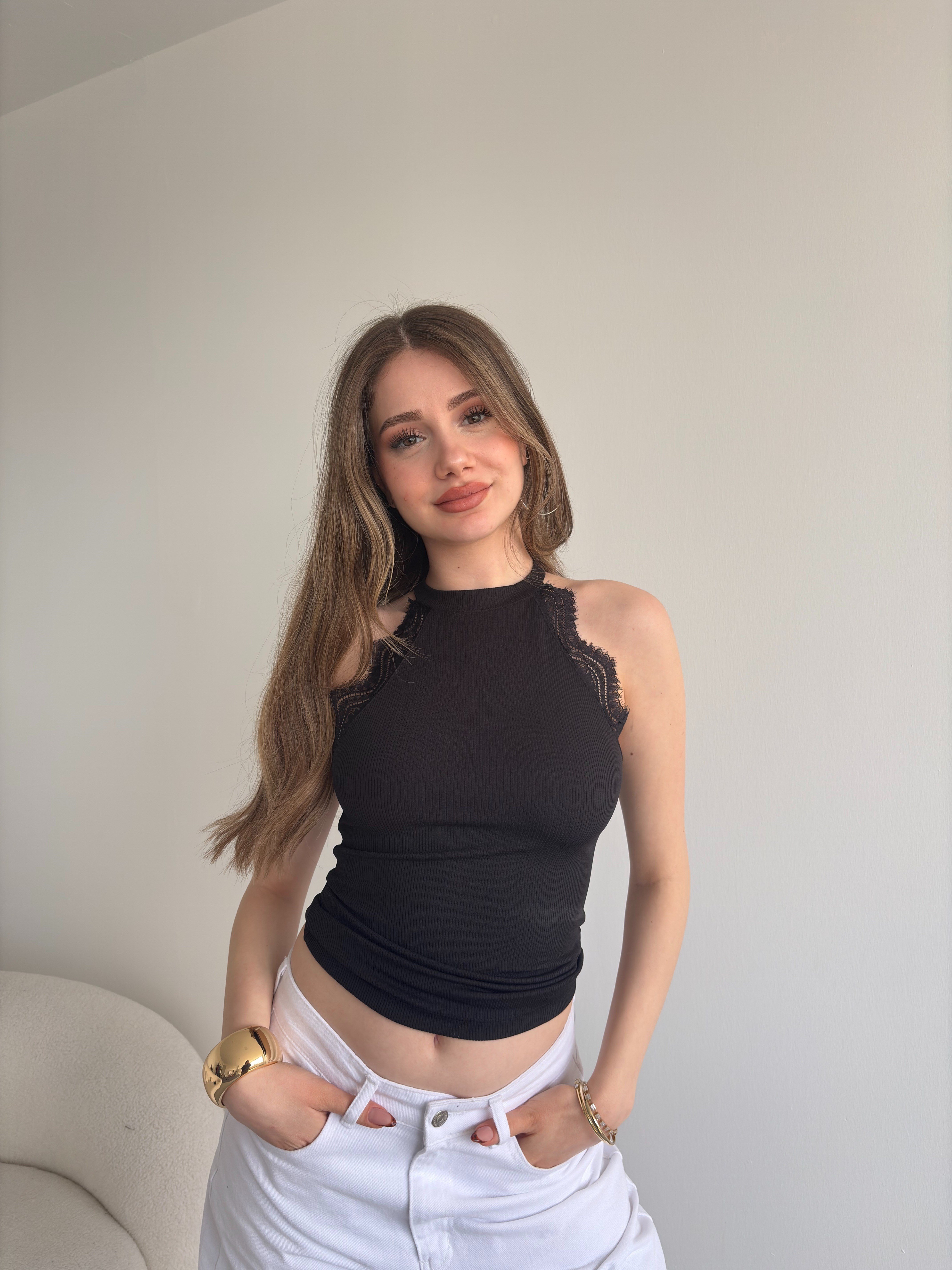 Halter Dantelli Kaşkorse Crop