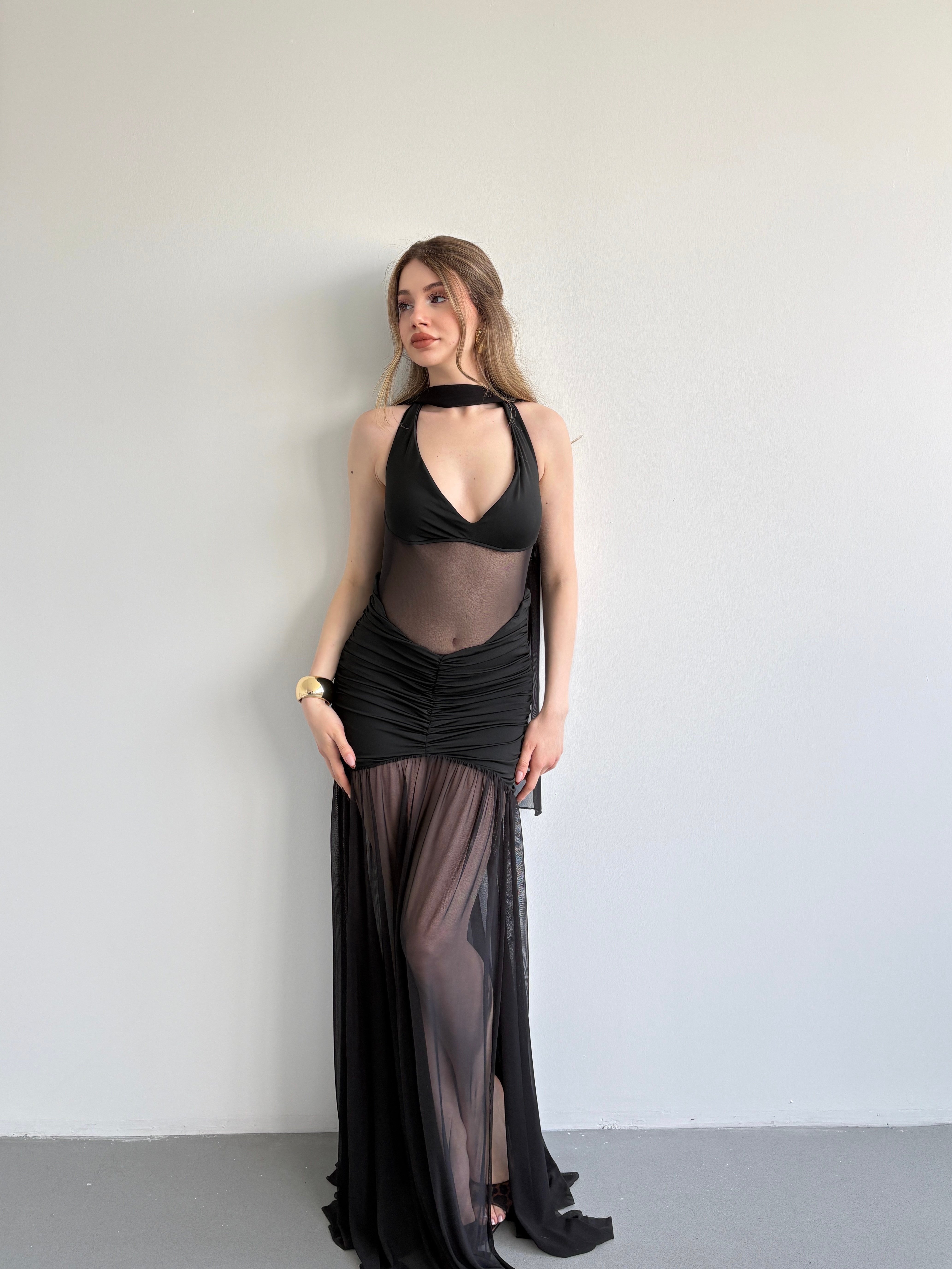 Halter Şallı Transparan Elbise