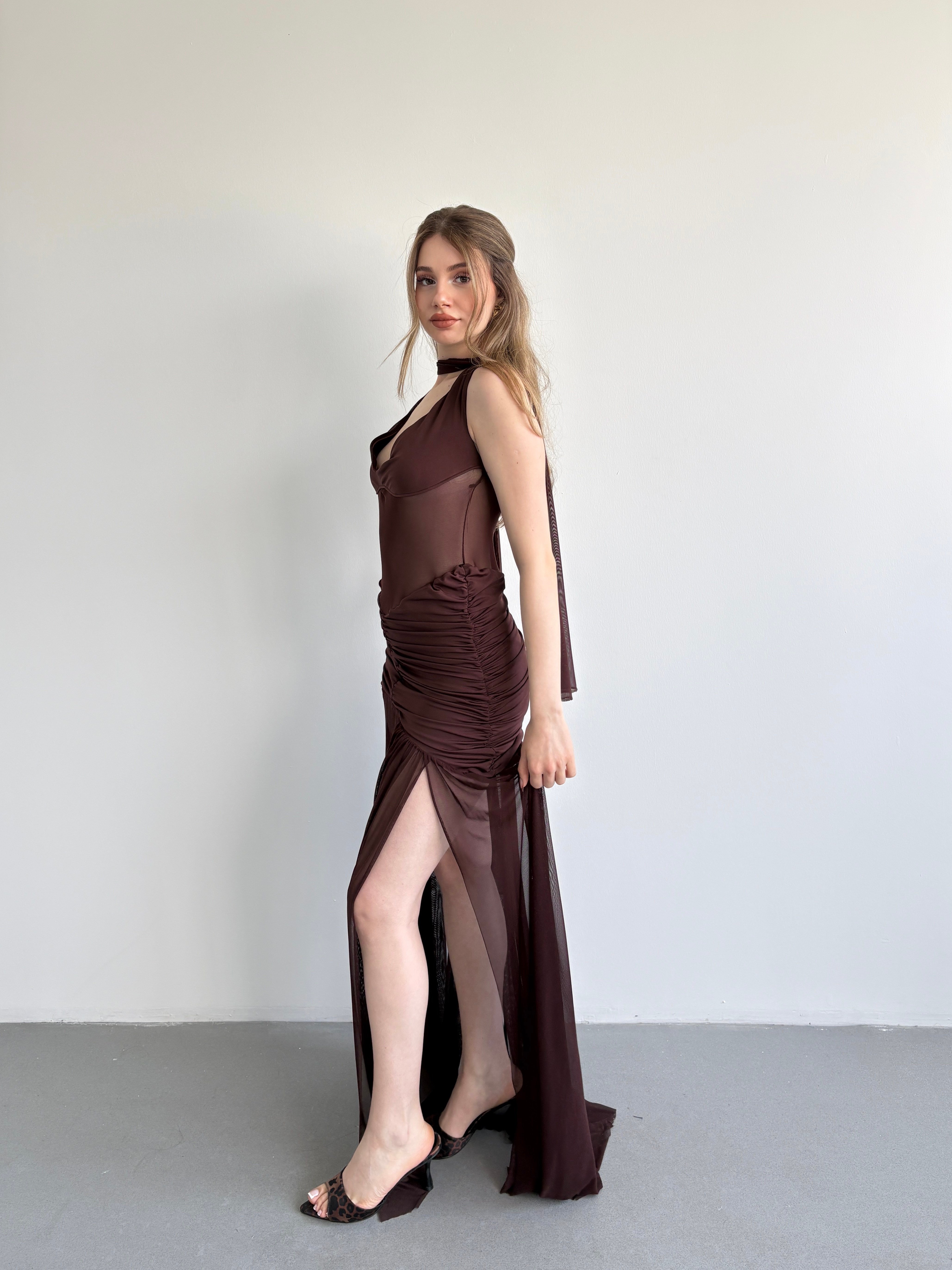 Halter Şallı Transparan Elbise
