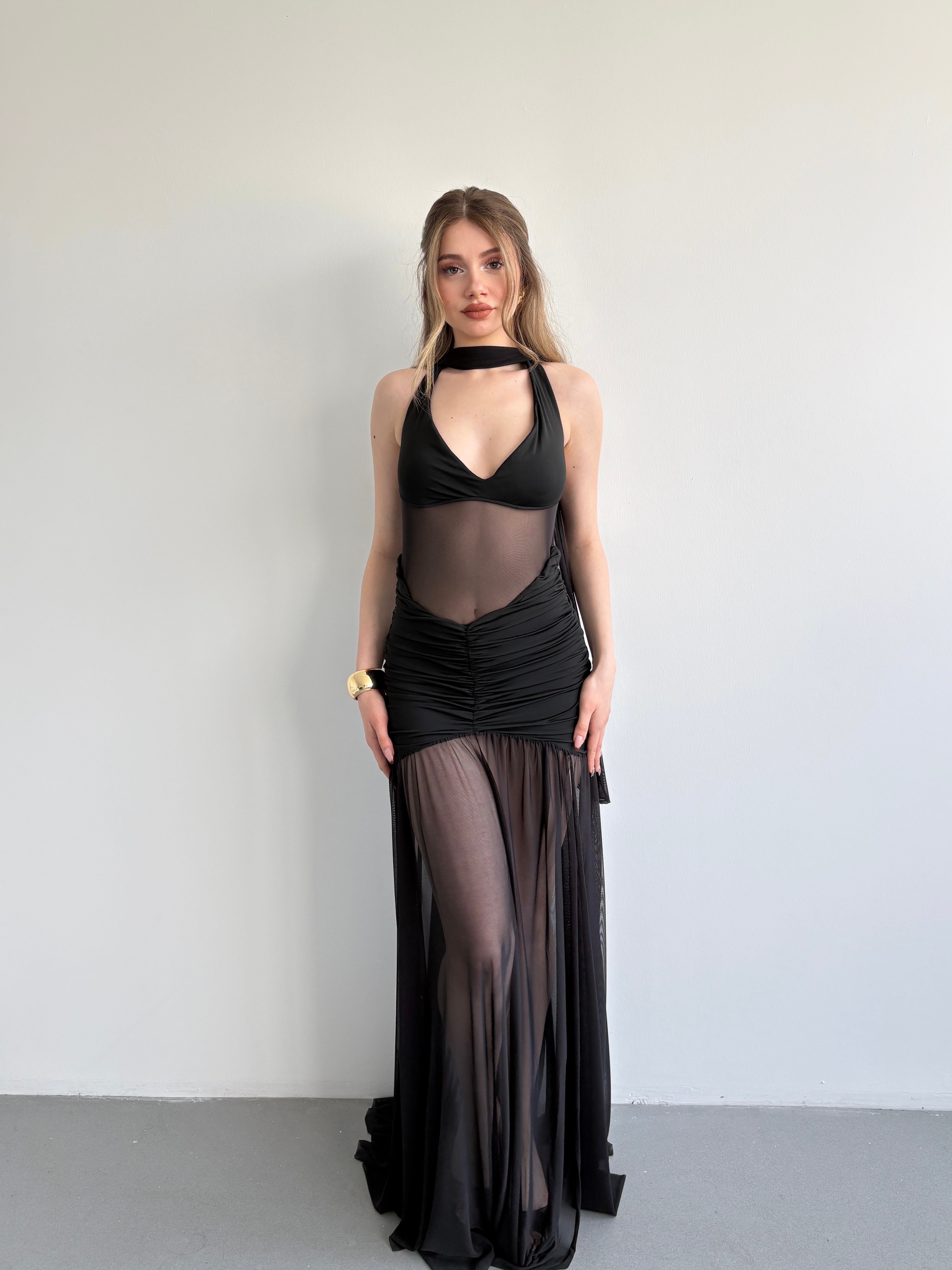 Halter Şallı Transparan Elbise