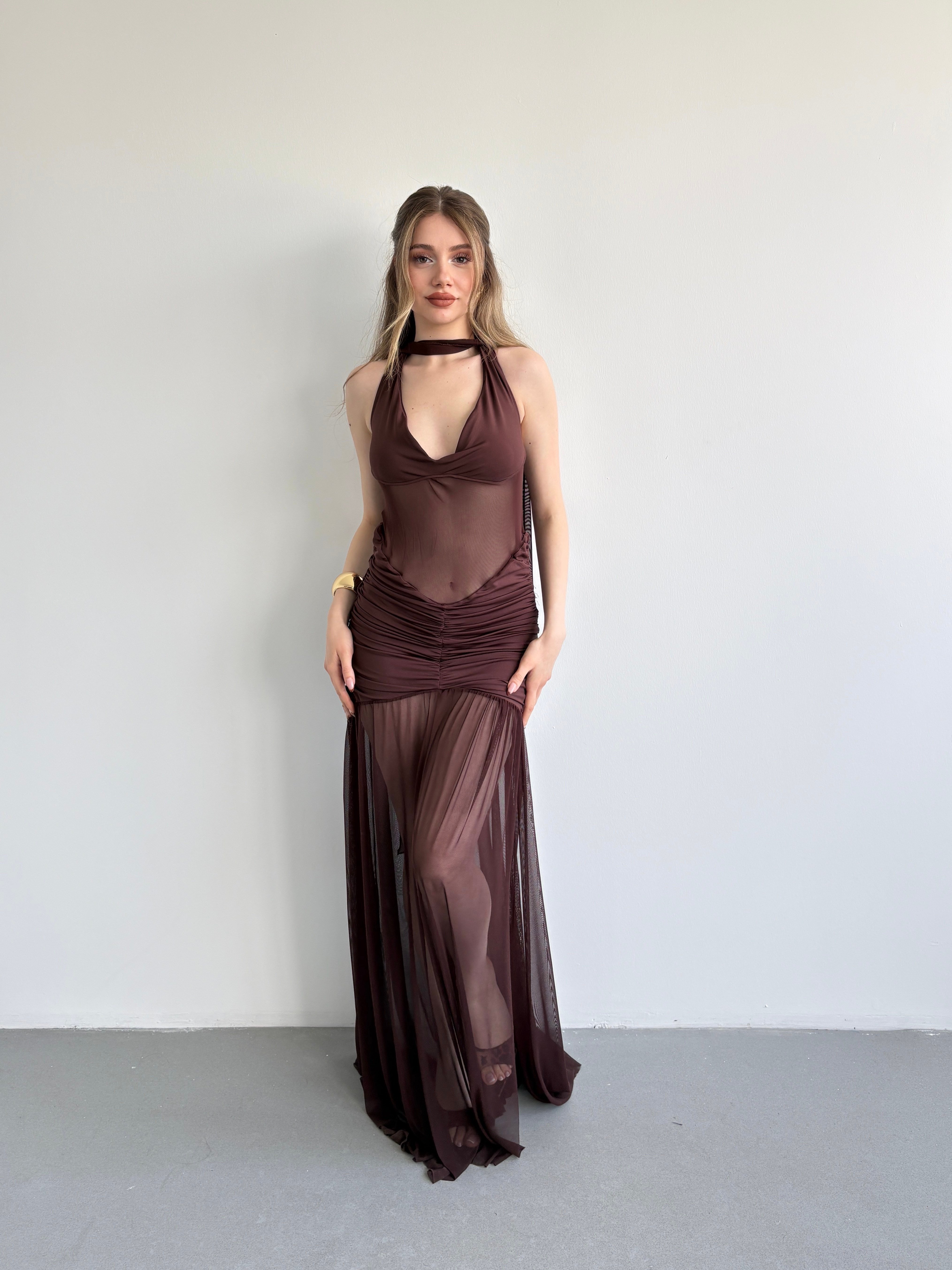Halter Şallı Transparan Elbise