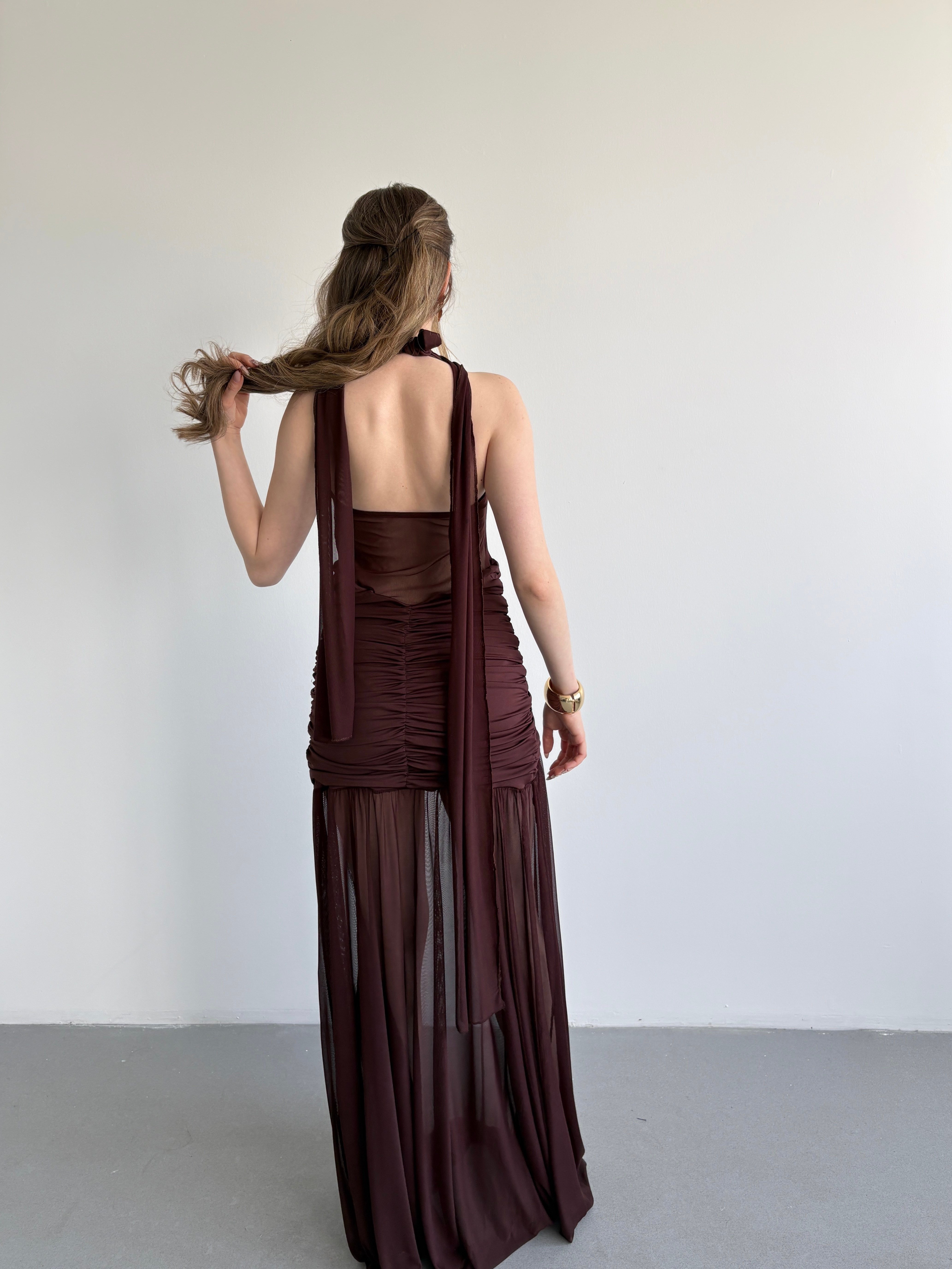Halter Şallı Transparan Elbise