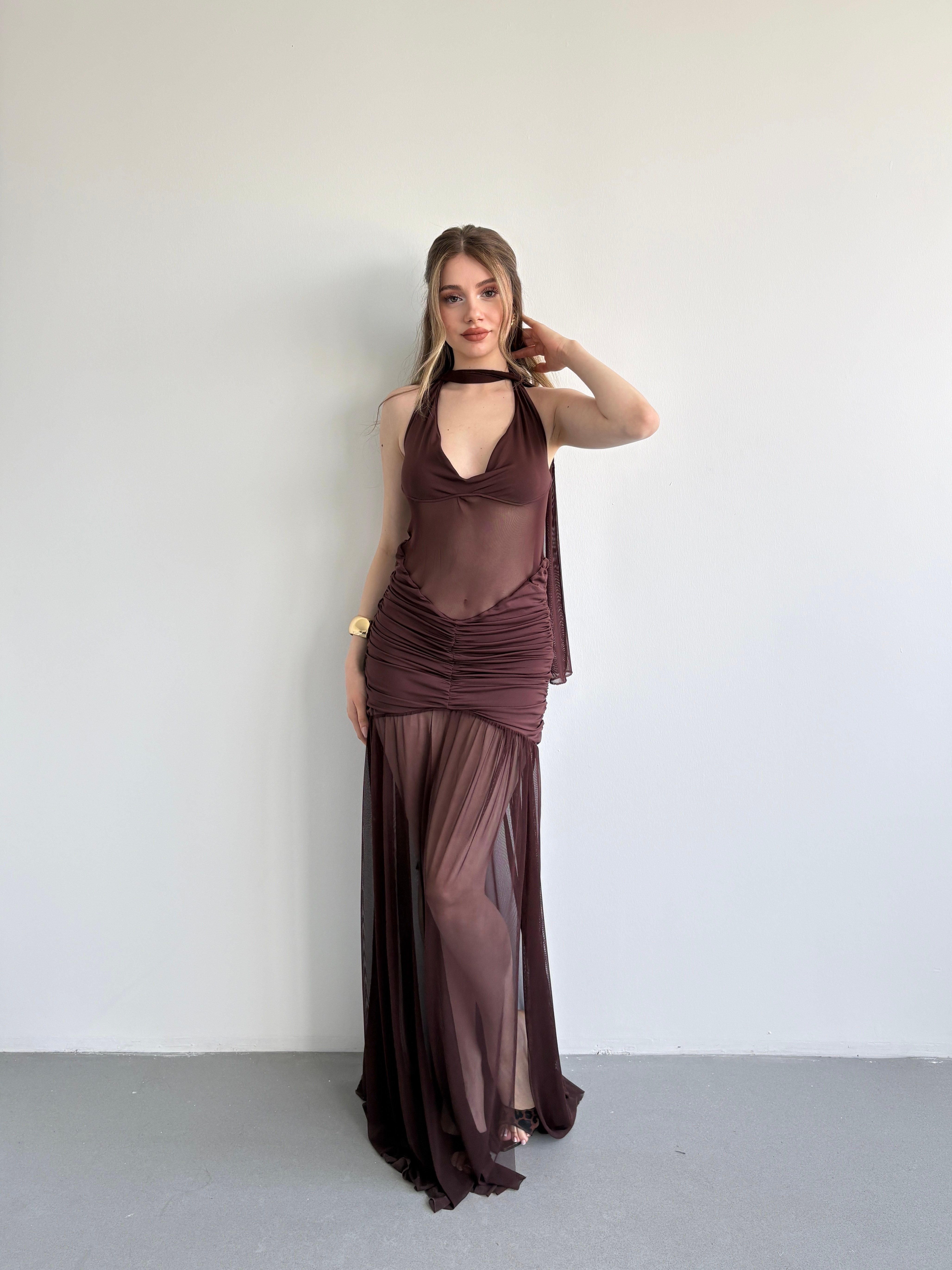 Halter Şallı Transparan Elbise