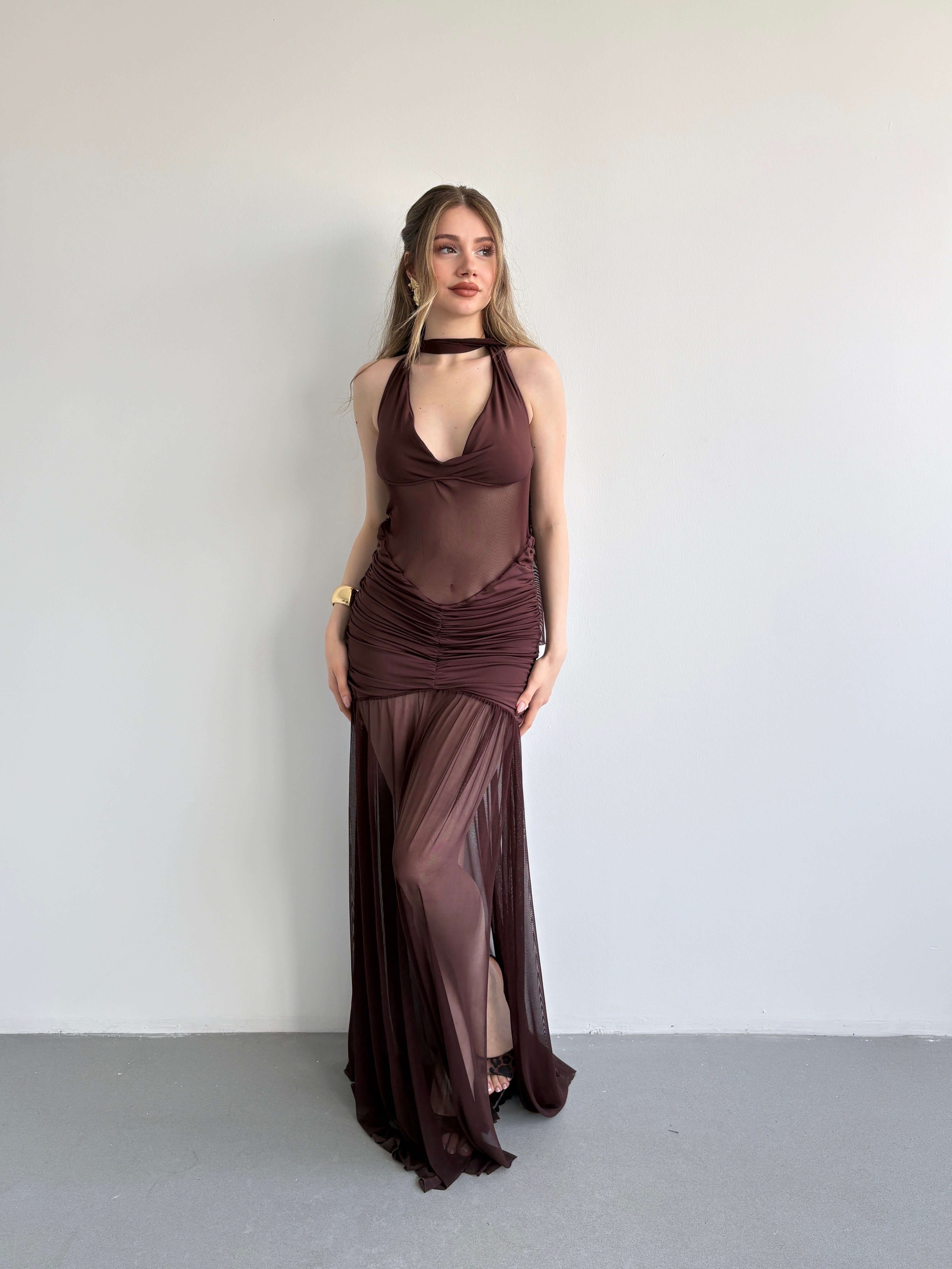 Halter Şallı Transparan Elbise