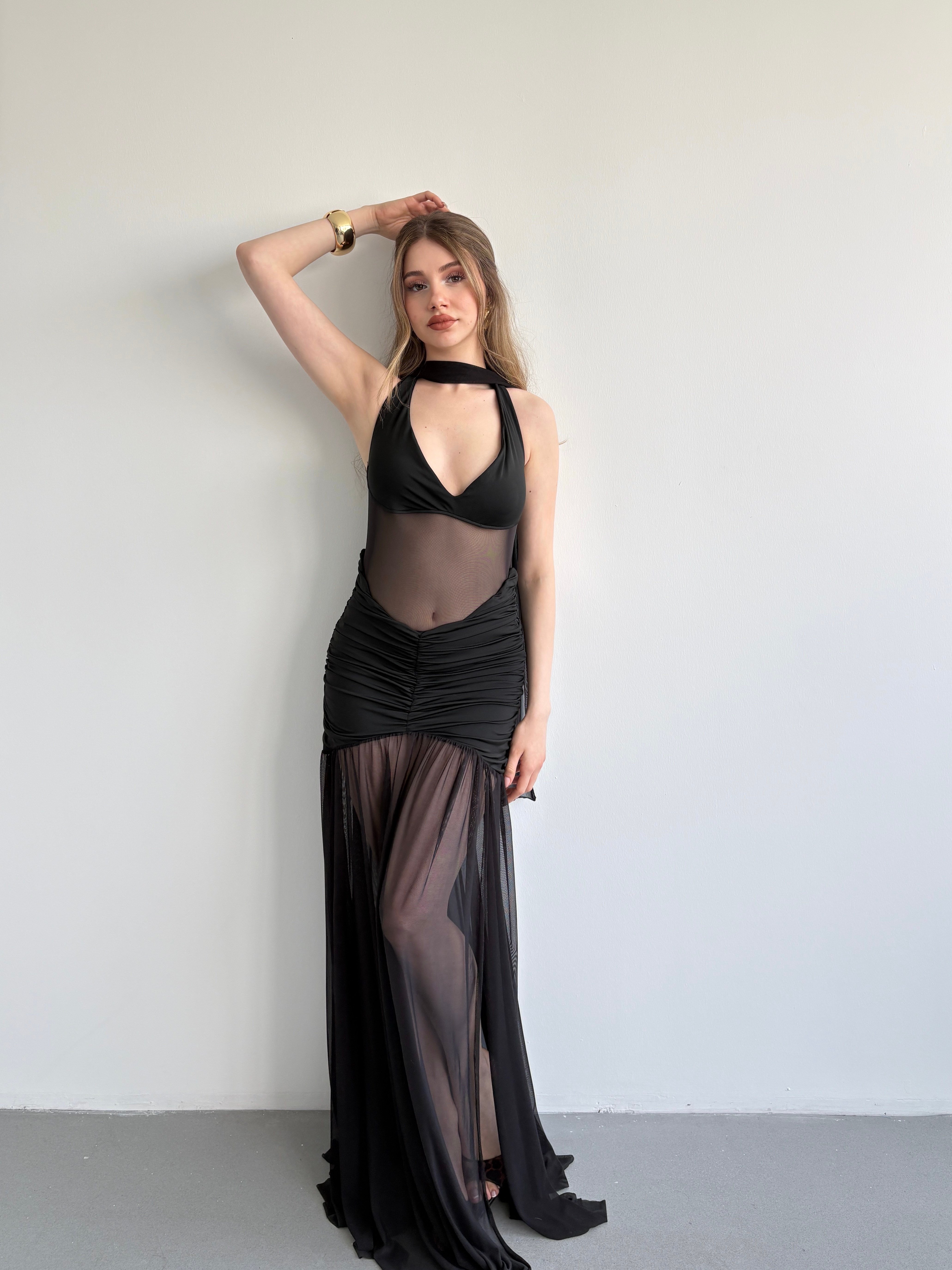 Halter Şallı Transparan Elbise