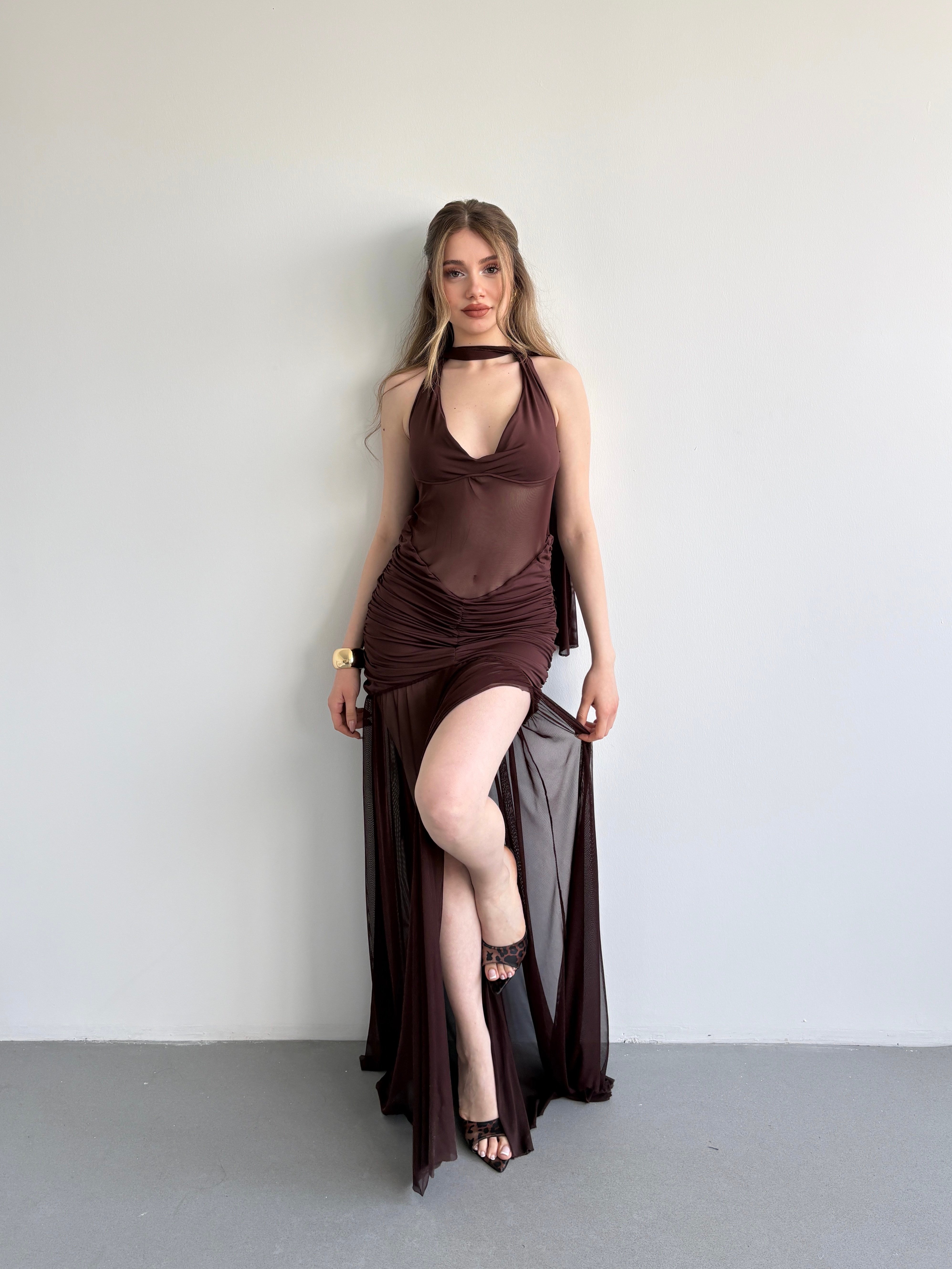 Halter Şallı Transparan Elbise