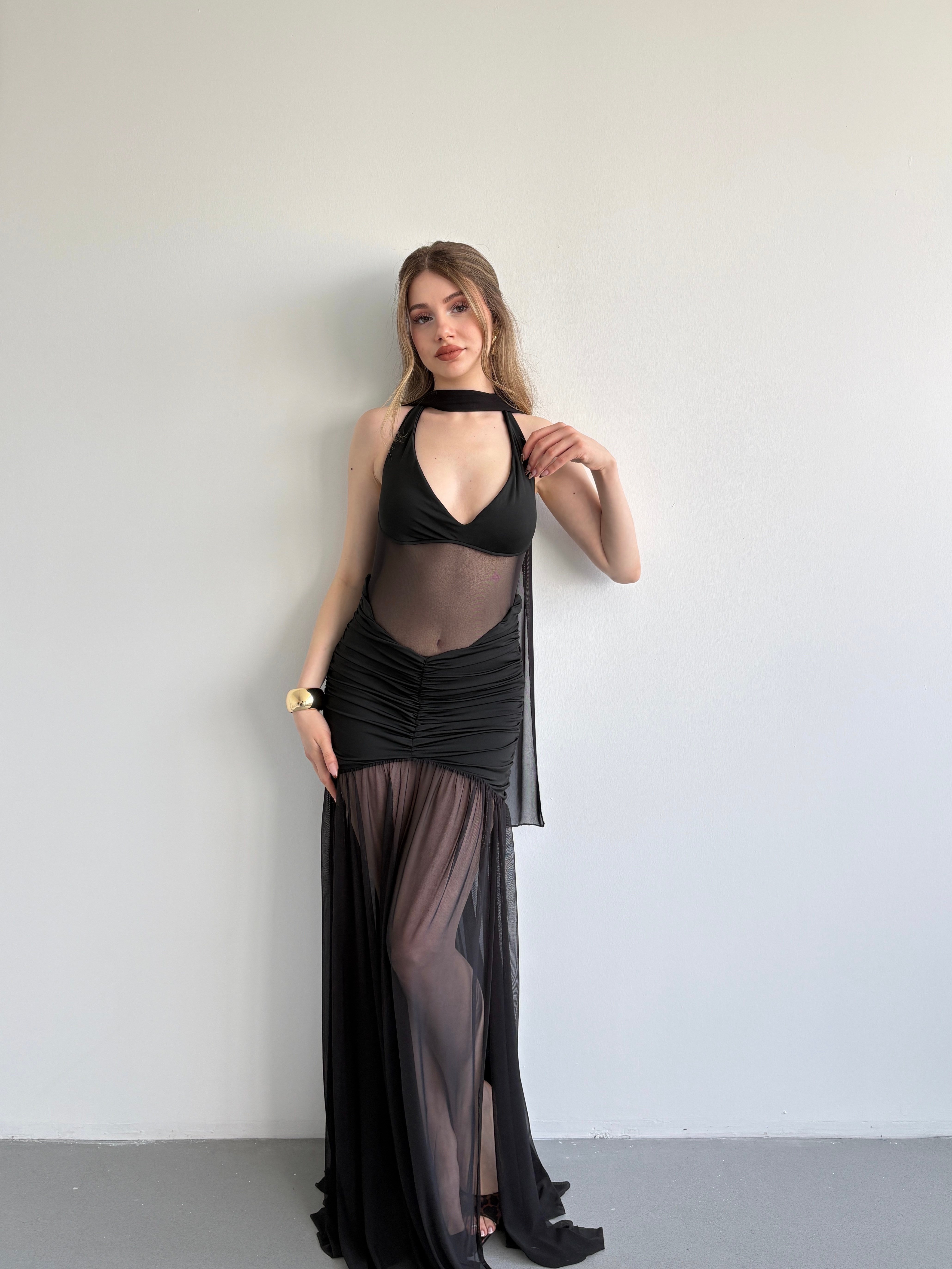 Halter Şallı Transparan Elbise