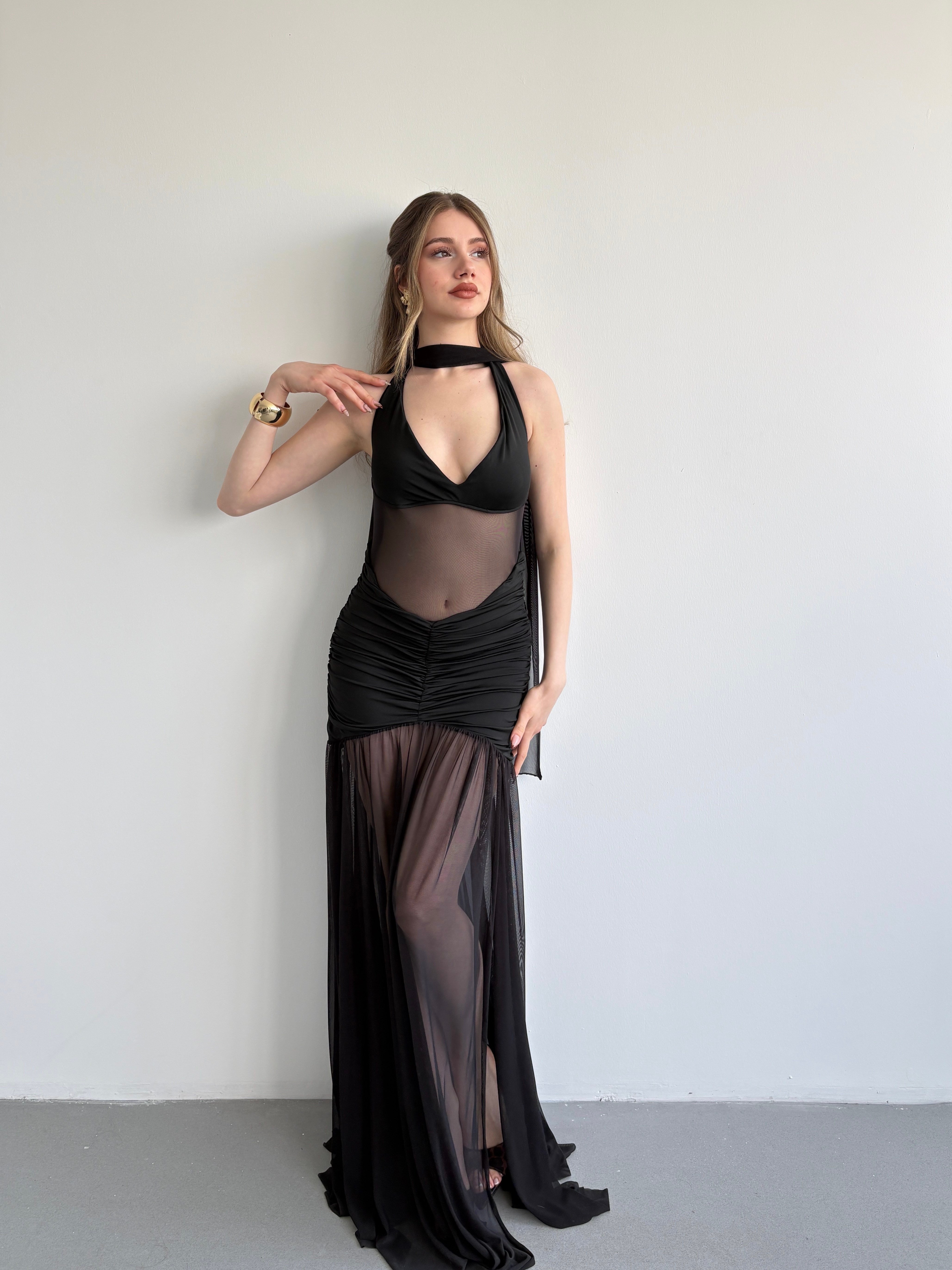 Halter Şallı Transparan Elbise