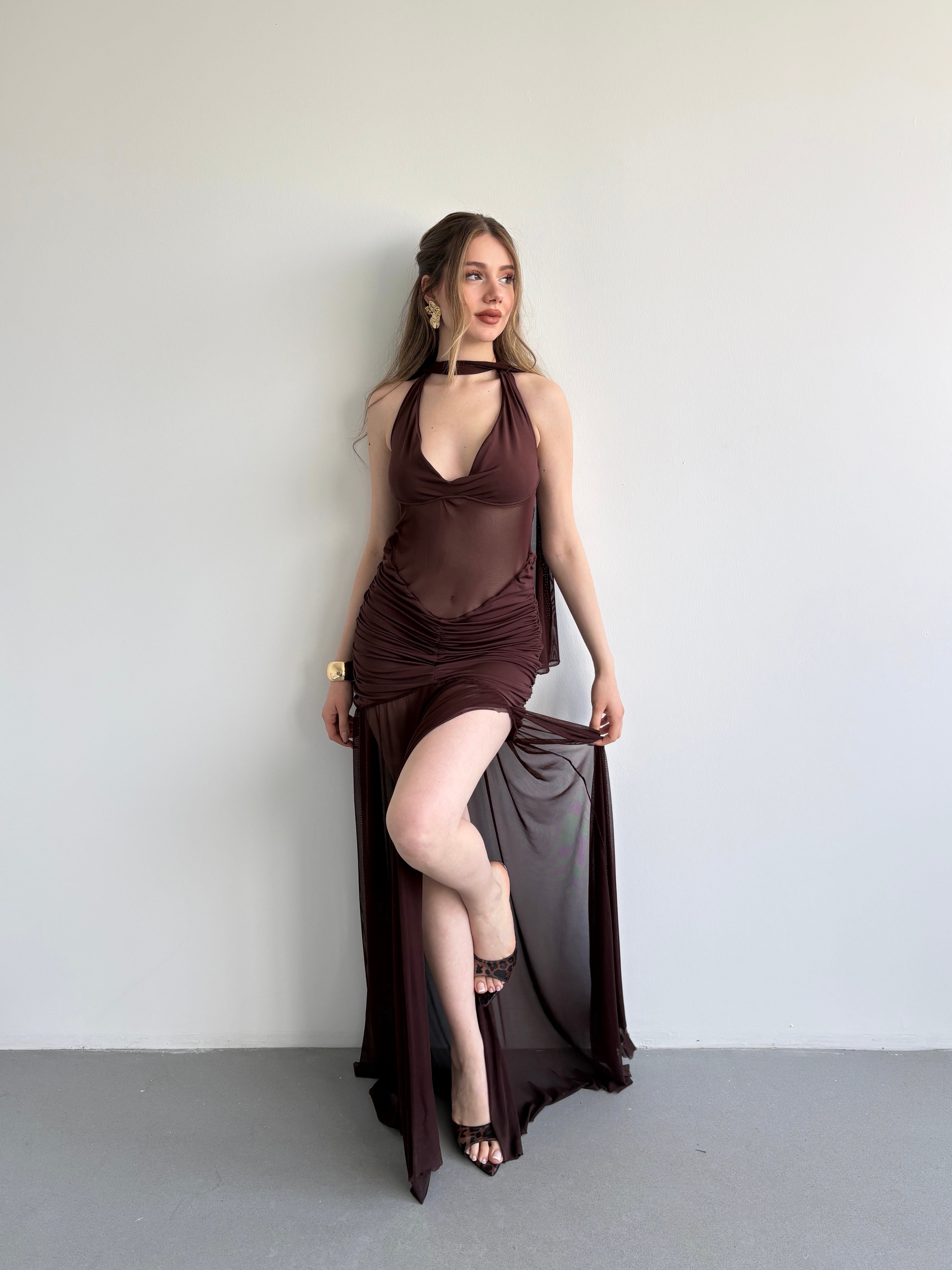 Halter Şallı Transparan Elbise
