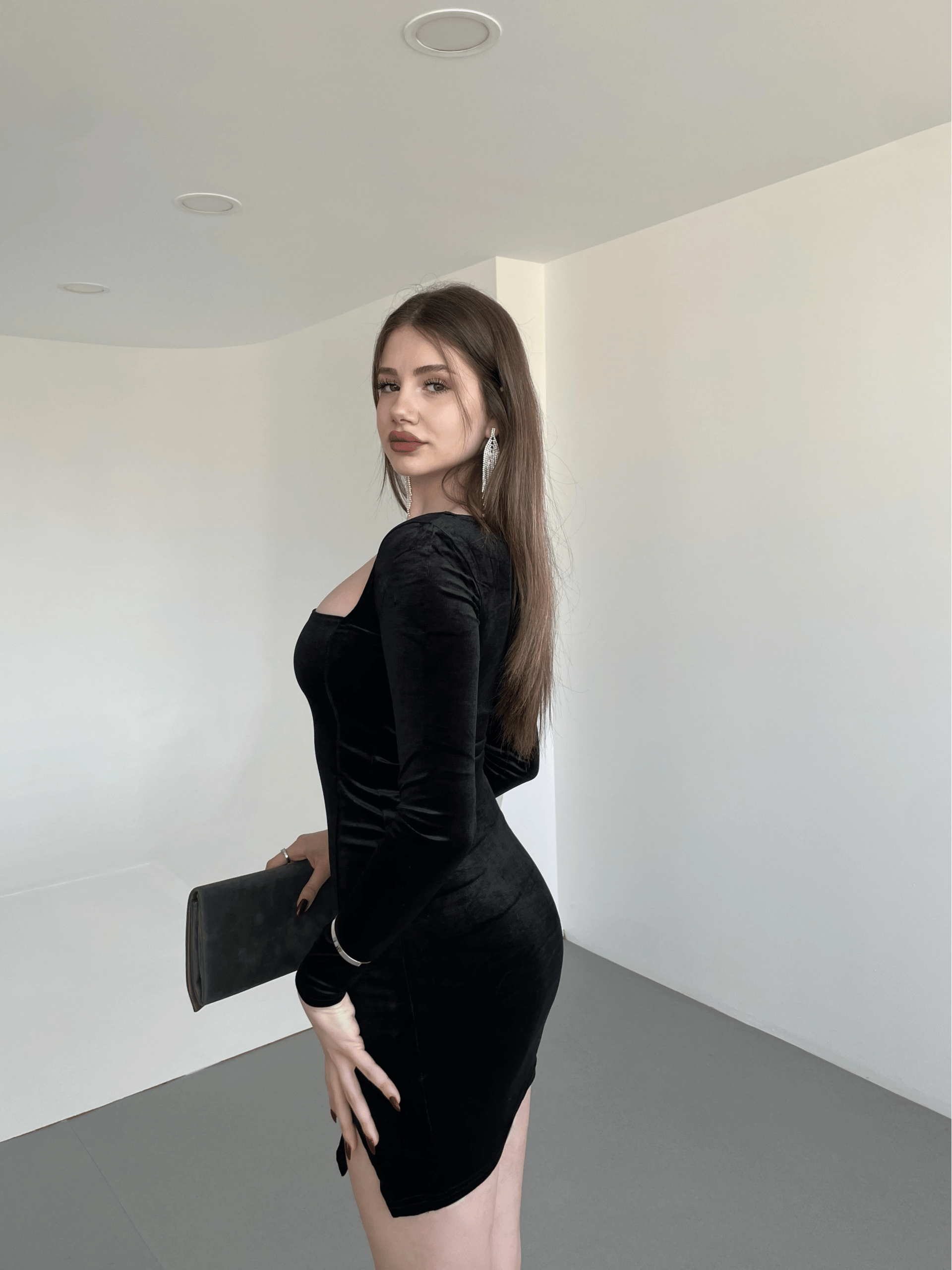 Kadife Kare Yaka Elbise