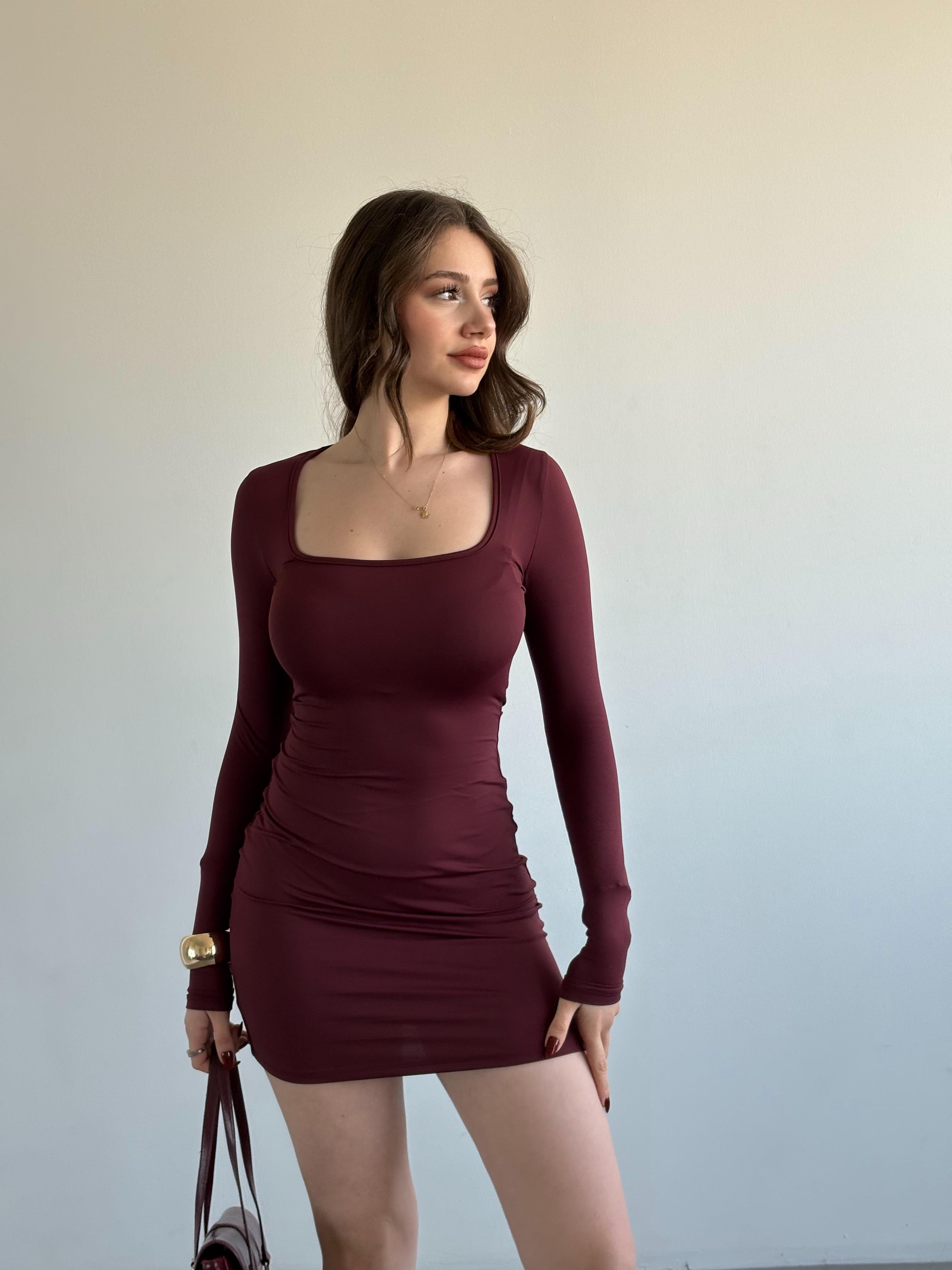 Kare Yaka Poliamid Mini Elbise