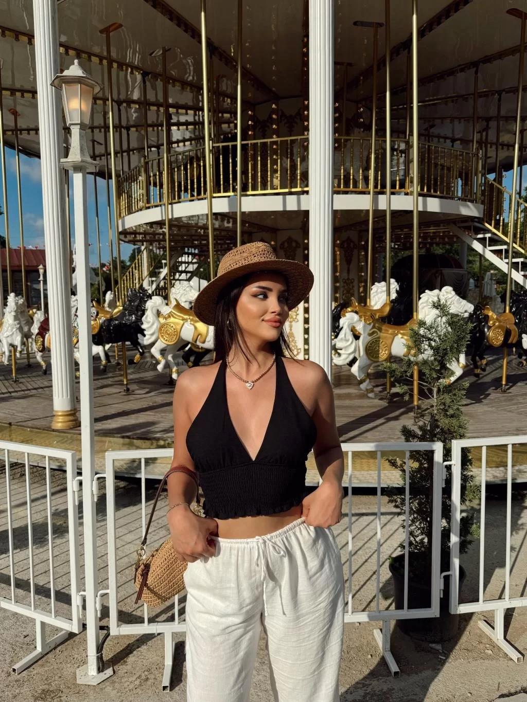 Keten Boyun Bağlamalı Crop