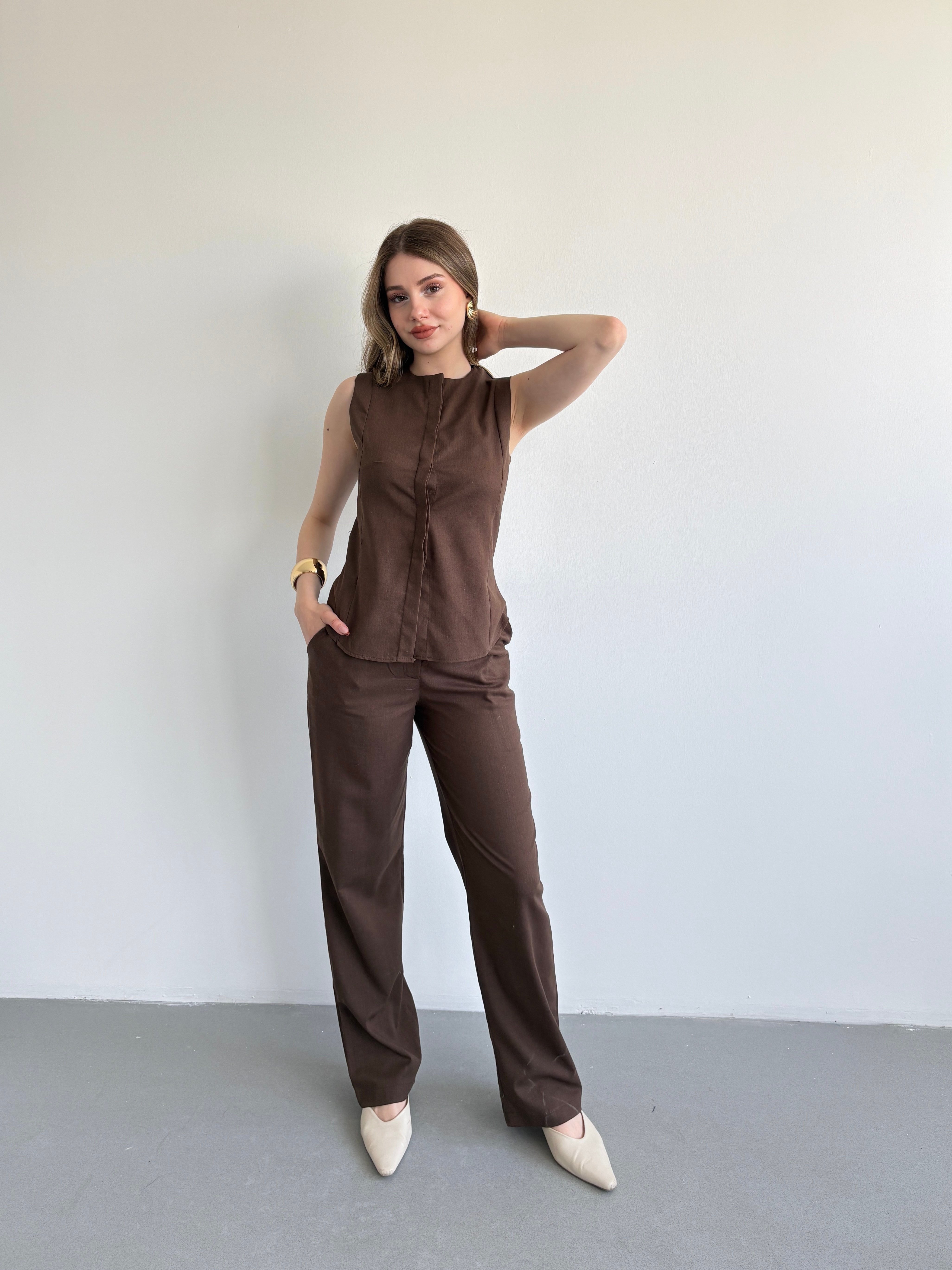 Keten Düğmeli Pantolon Takım