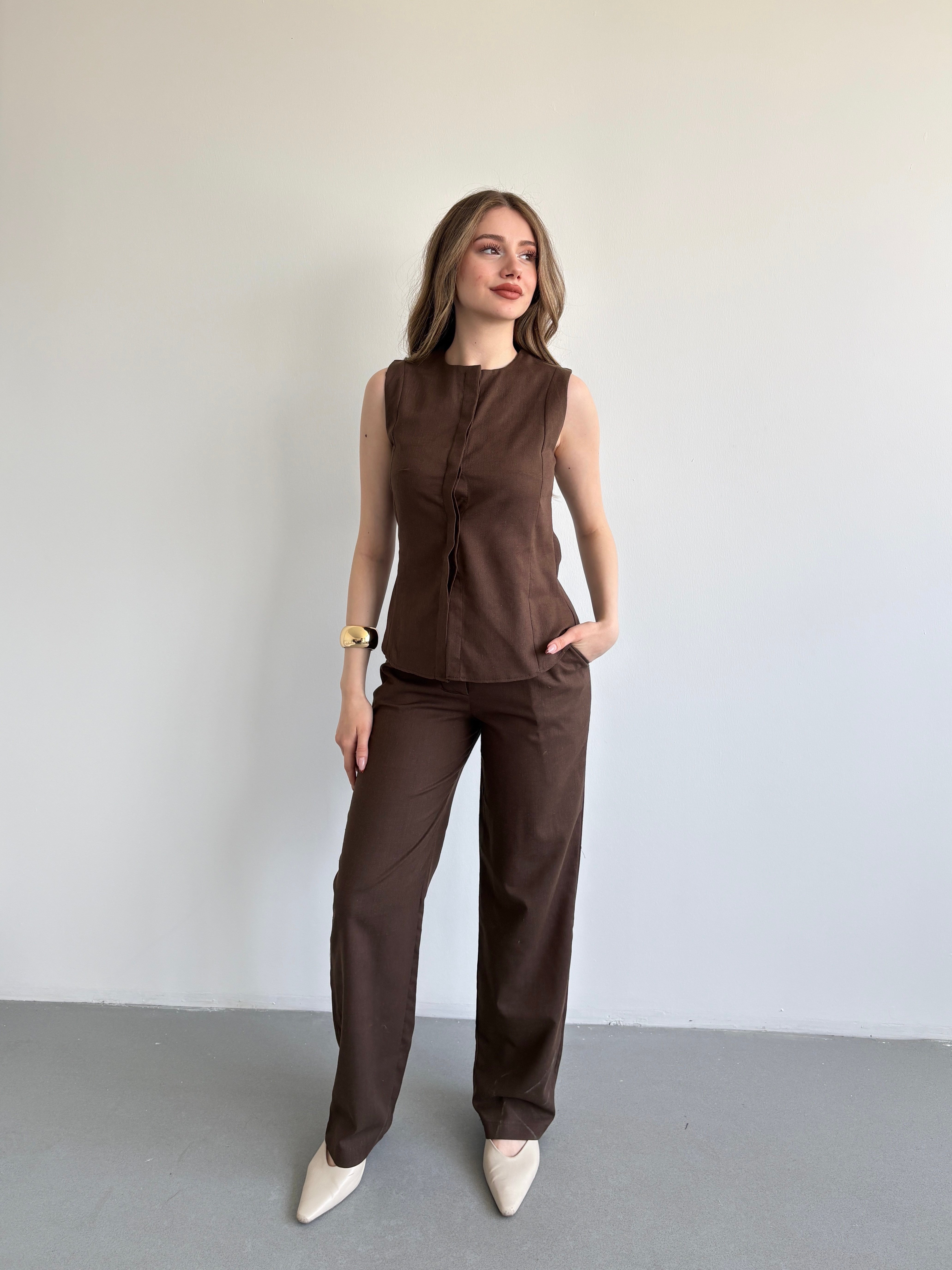 Keten Düğmeli Pantolon Takım
