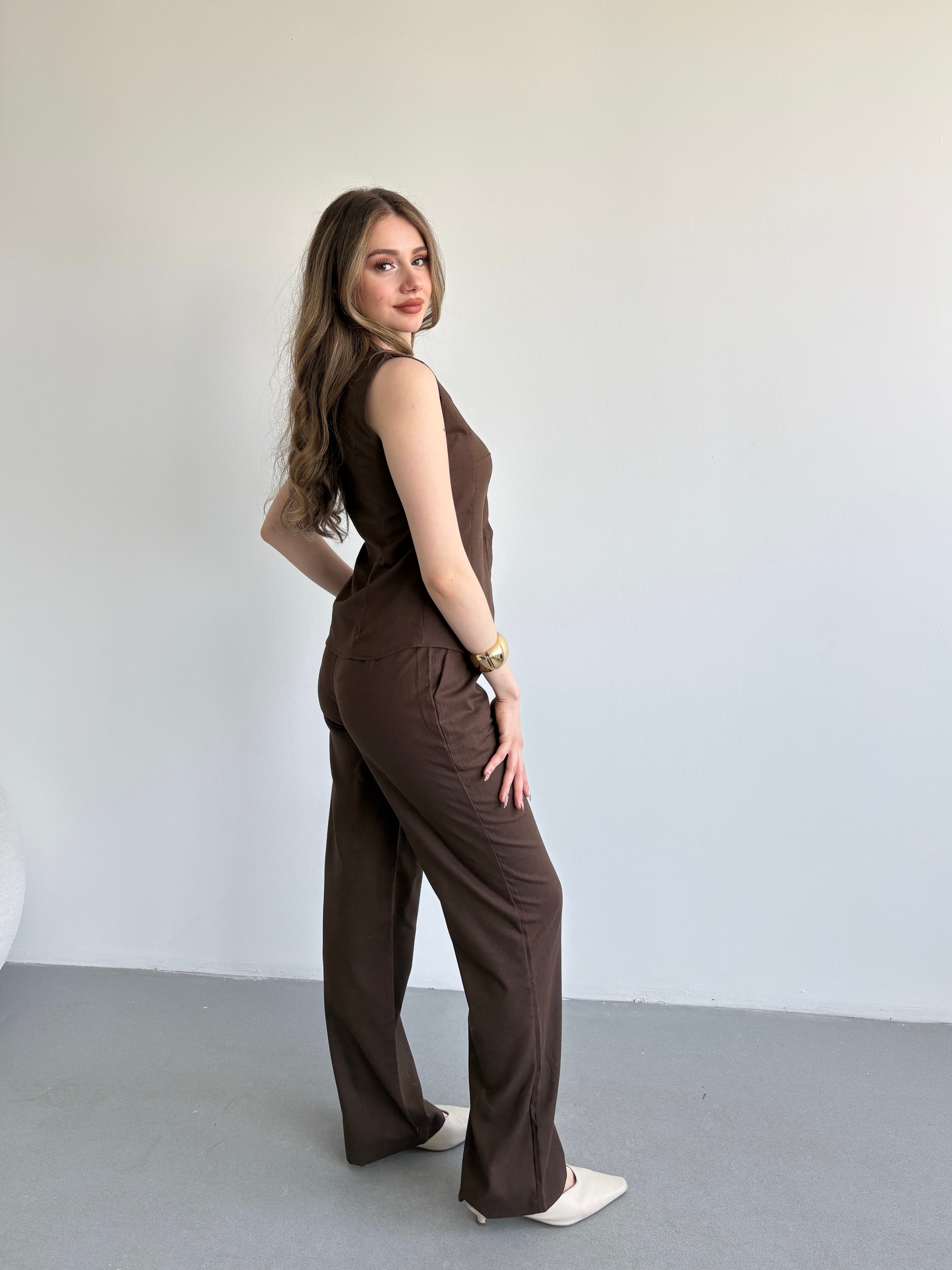 Keten Düğmeli Pantolon Takım