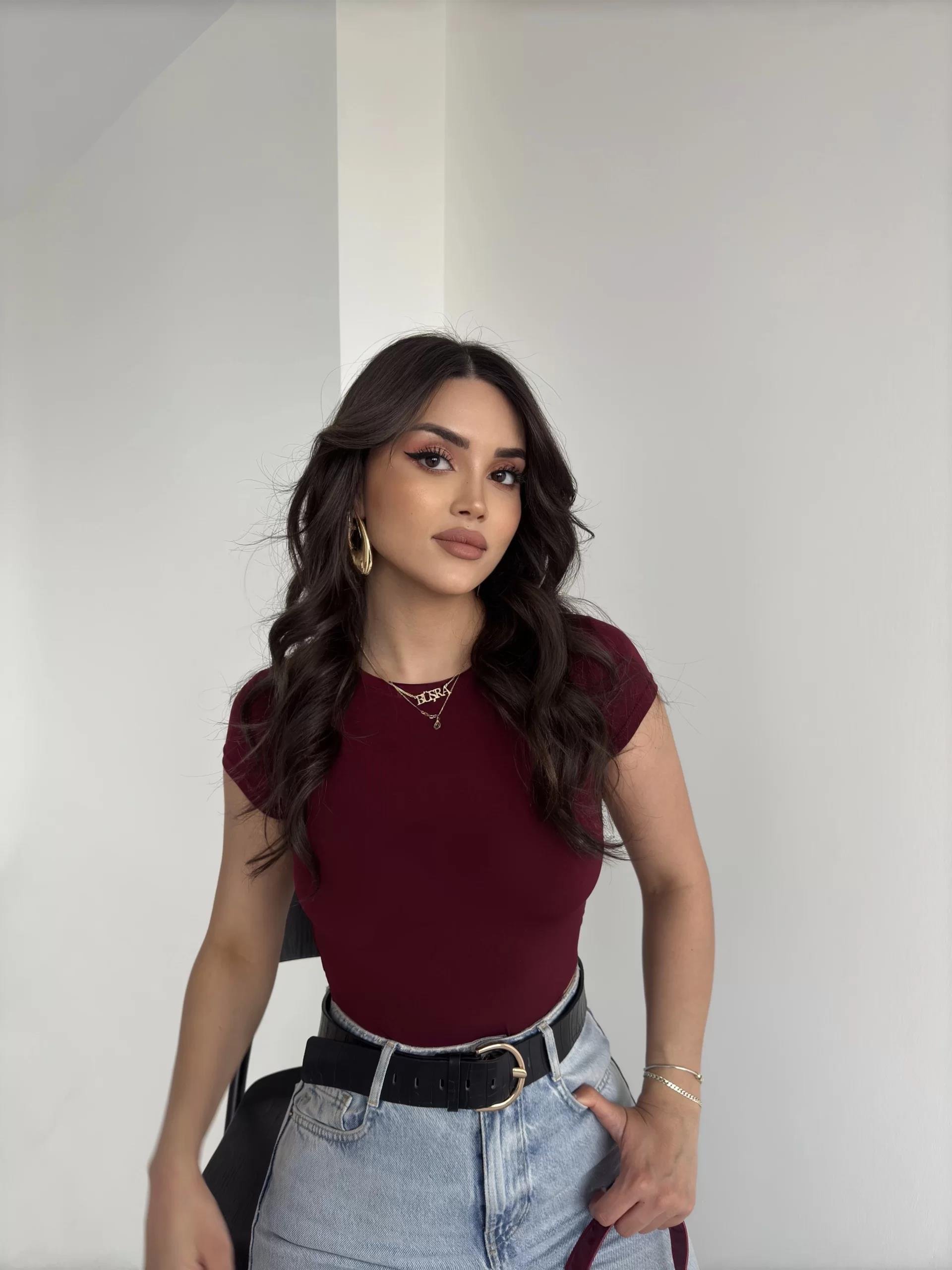 Kısa Kollu Bisiklet Yaka Bodysuit