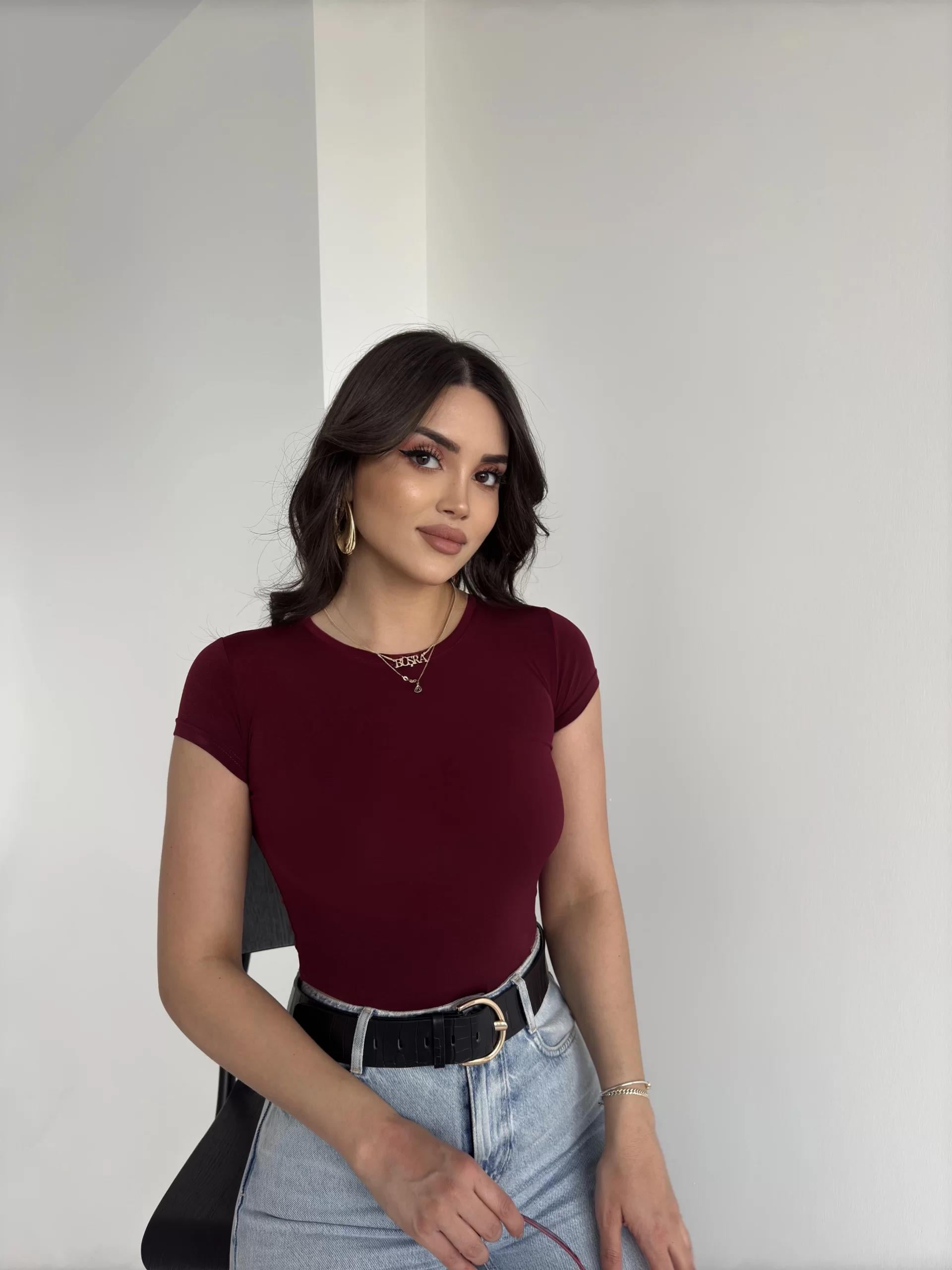 Kısa Kollu Bisiklet Yaka Bodysuit