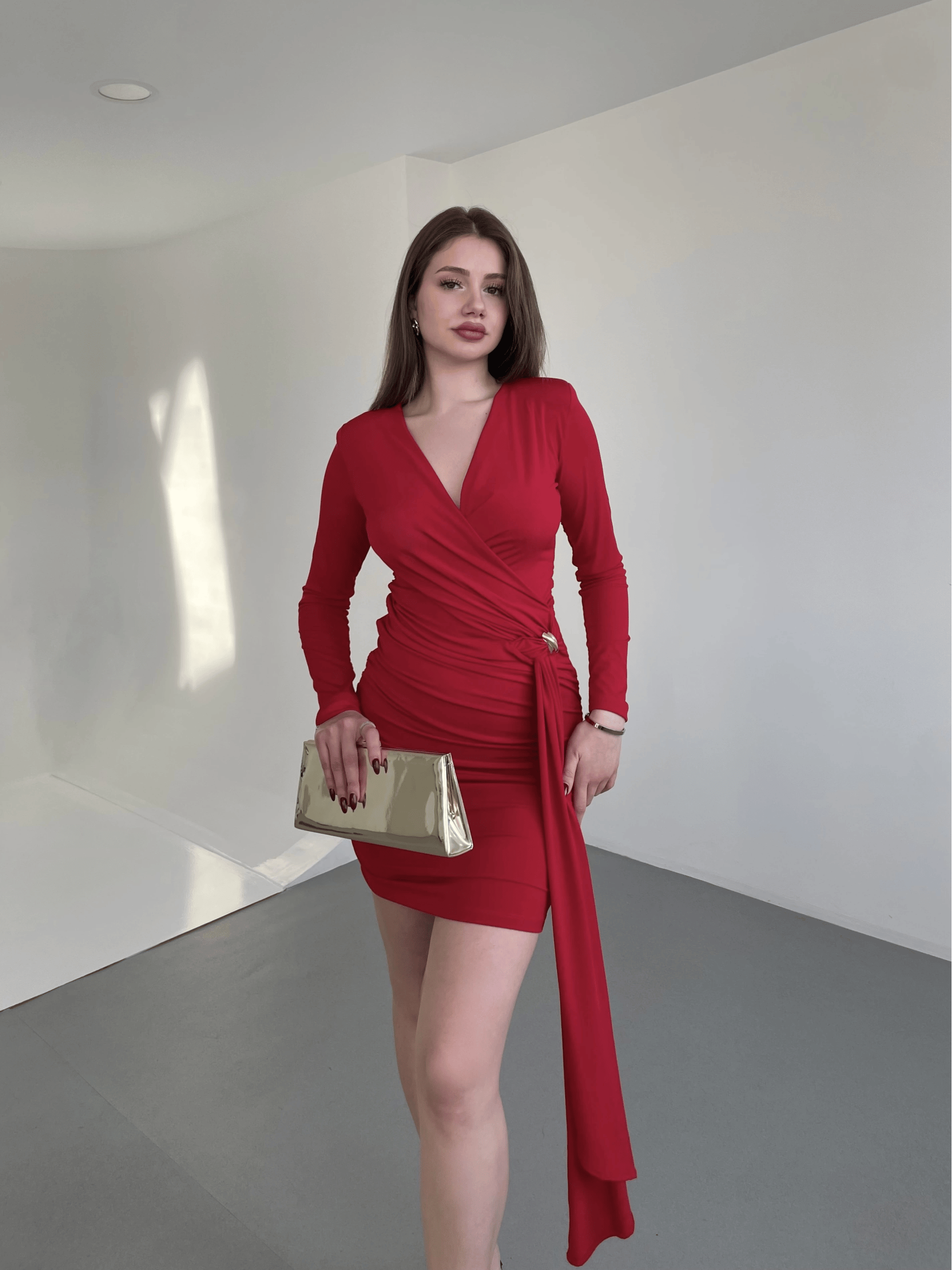 Kruvaze Gold Taşlı Elbise