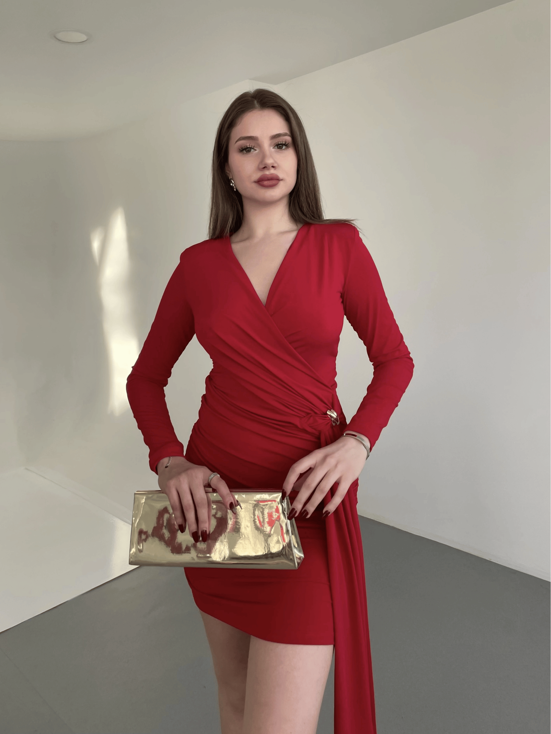 Kruvaze Gold Taşlı Elbise