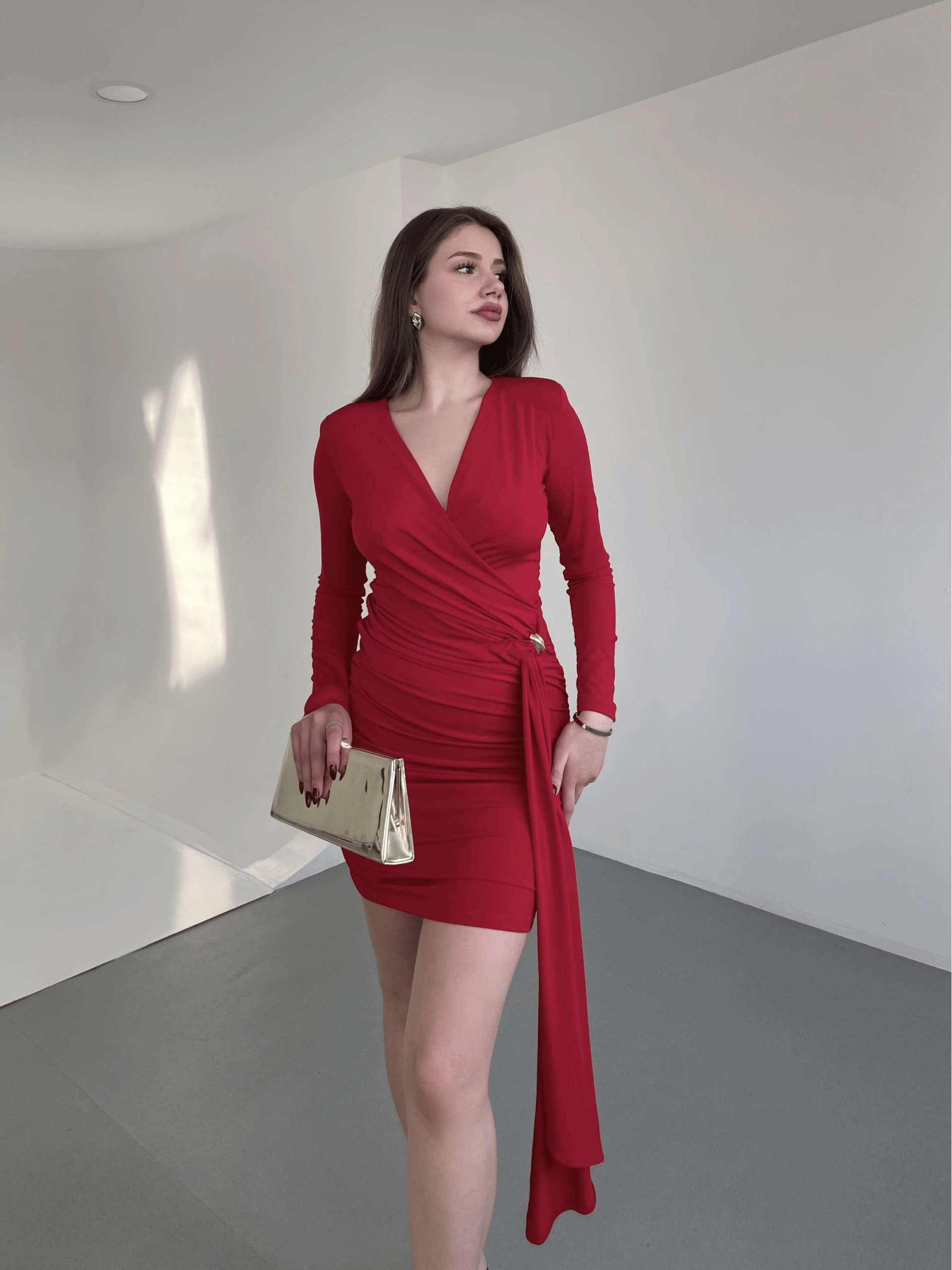 Kruvaze Gold Taşlı Elbise