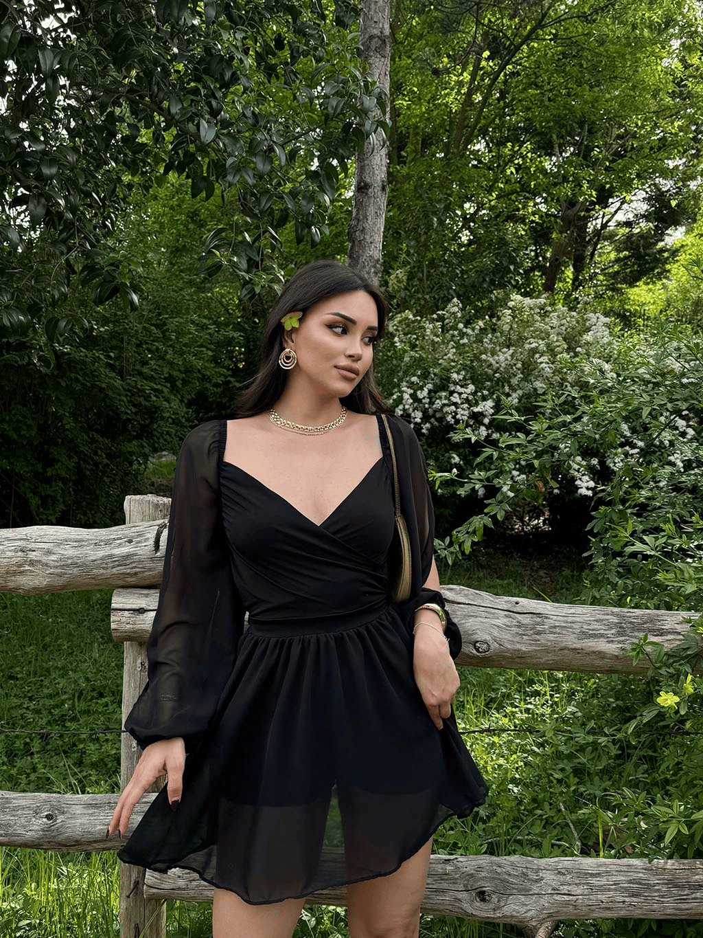 Kruvaze Tül Balon Kol Elbise