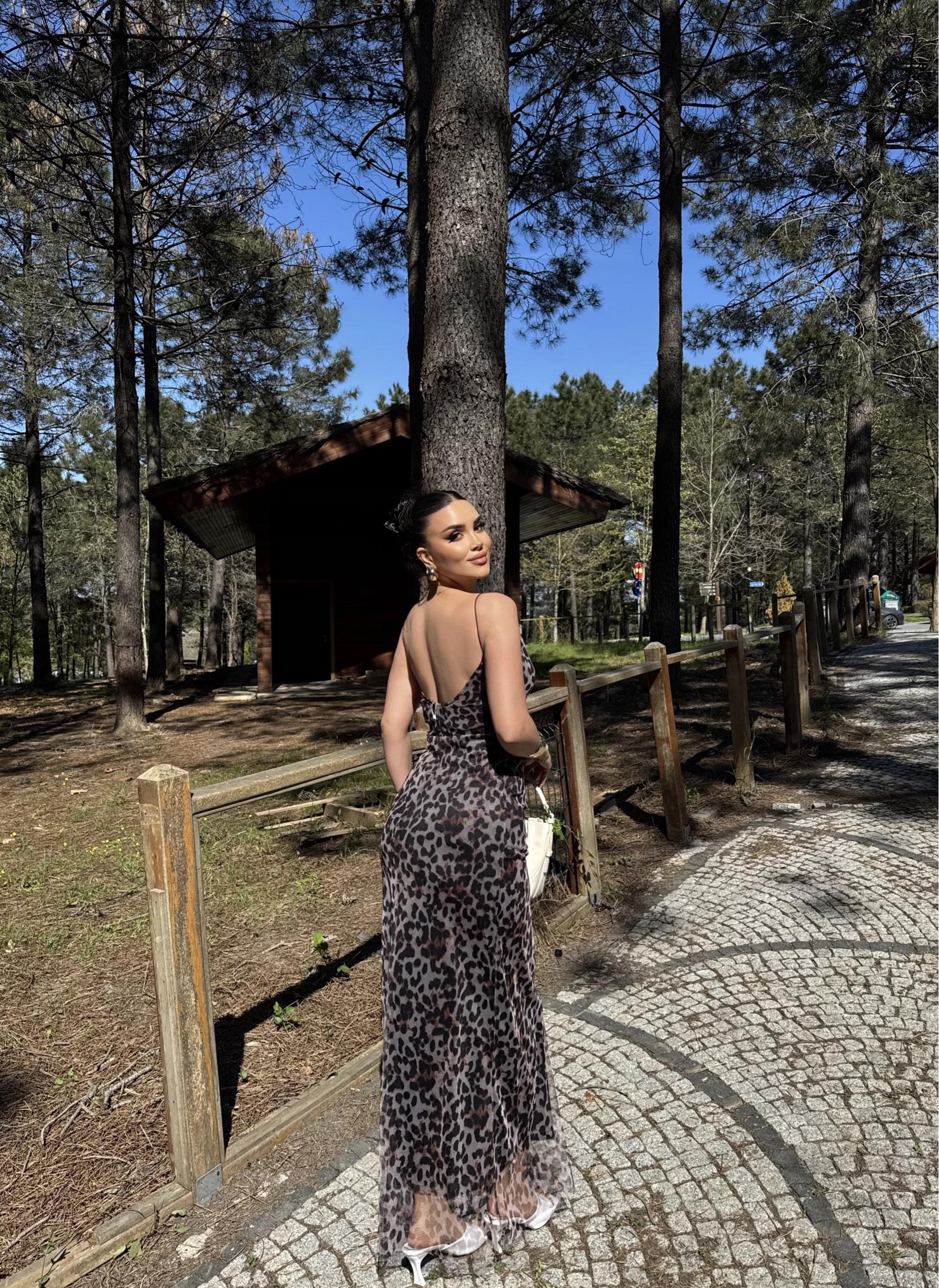 Leopar Astarlı Uzun Elbise