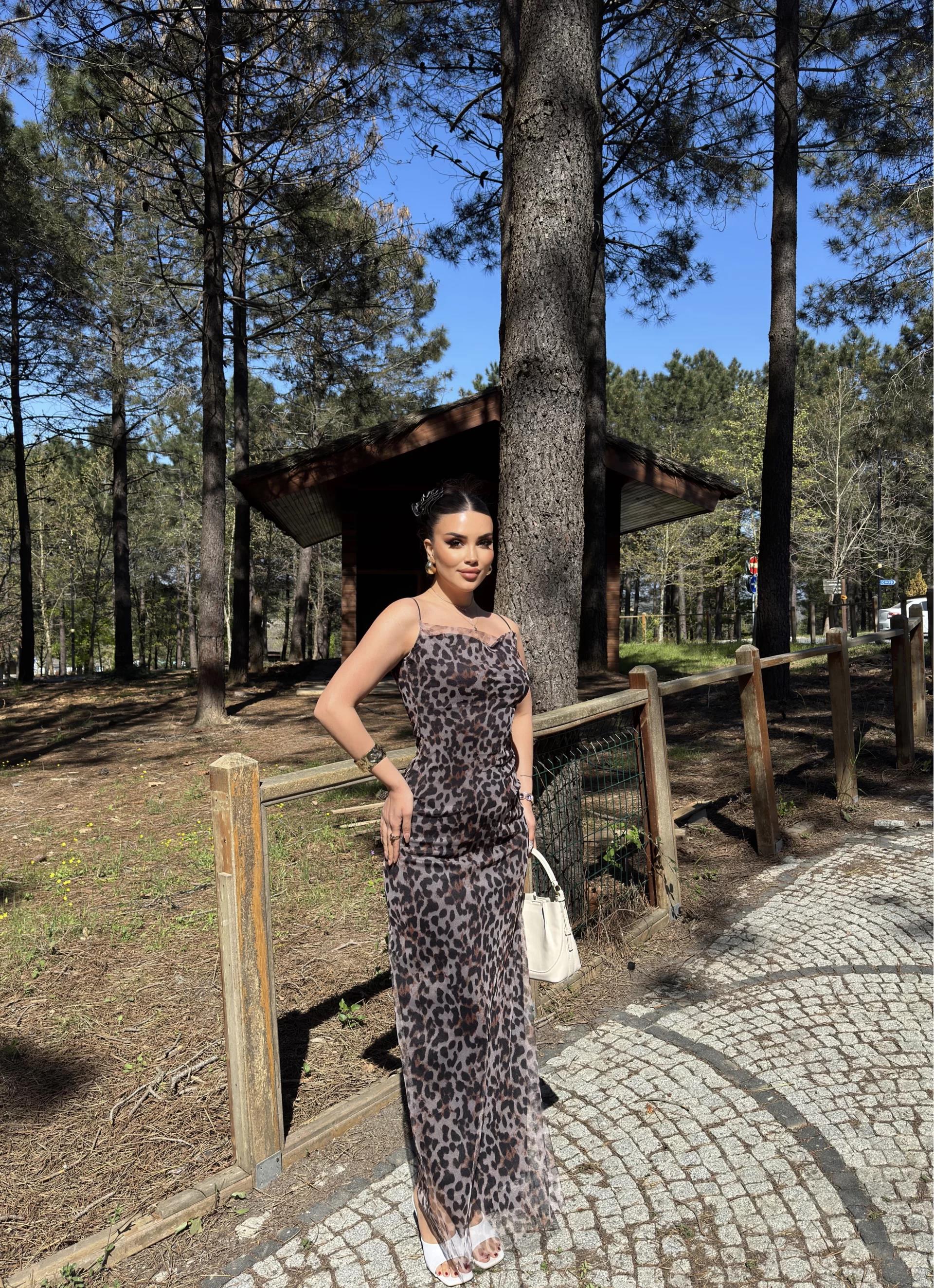 Leopar Astarlı Uzun Elbise