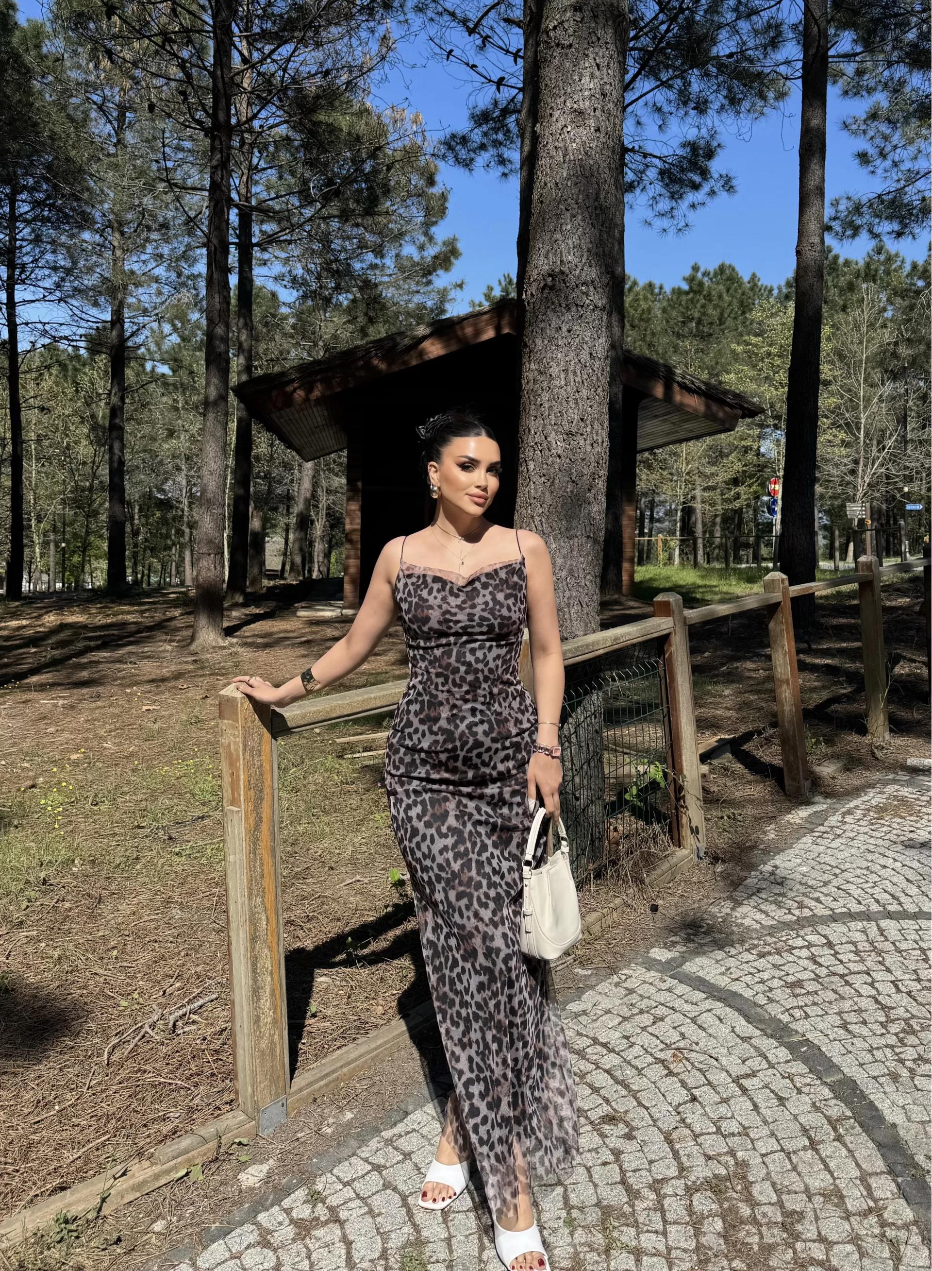 Leopar Astarlı Uzun Elbise