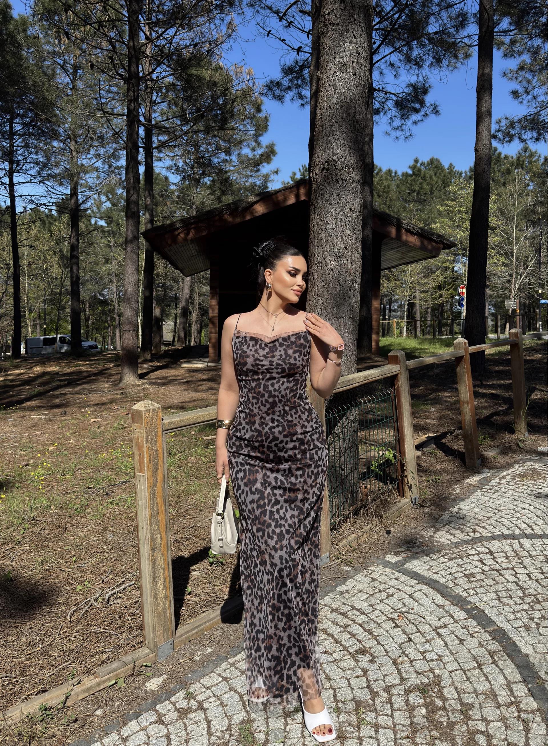 Leopar Astarlı Uzun Elbise