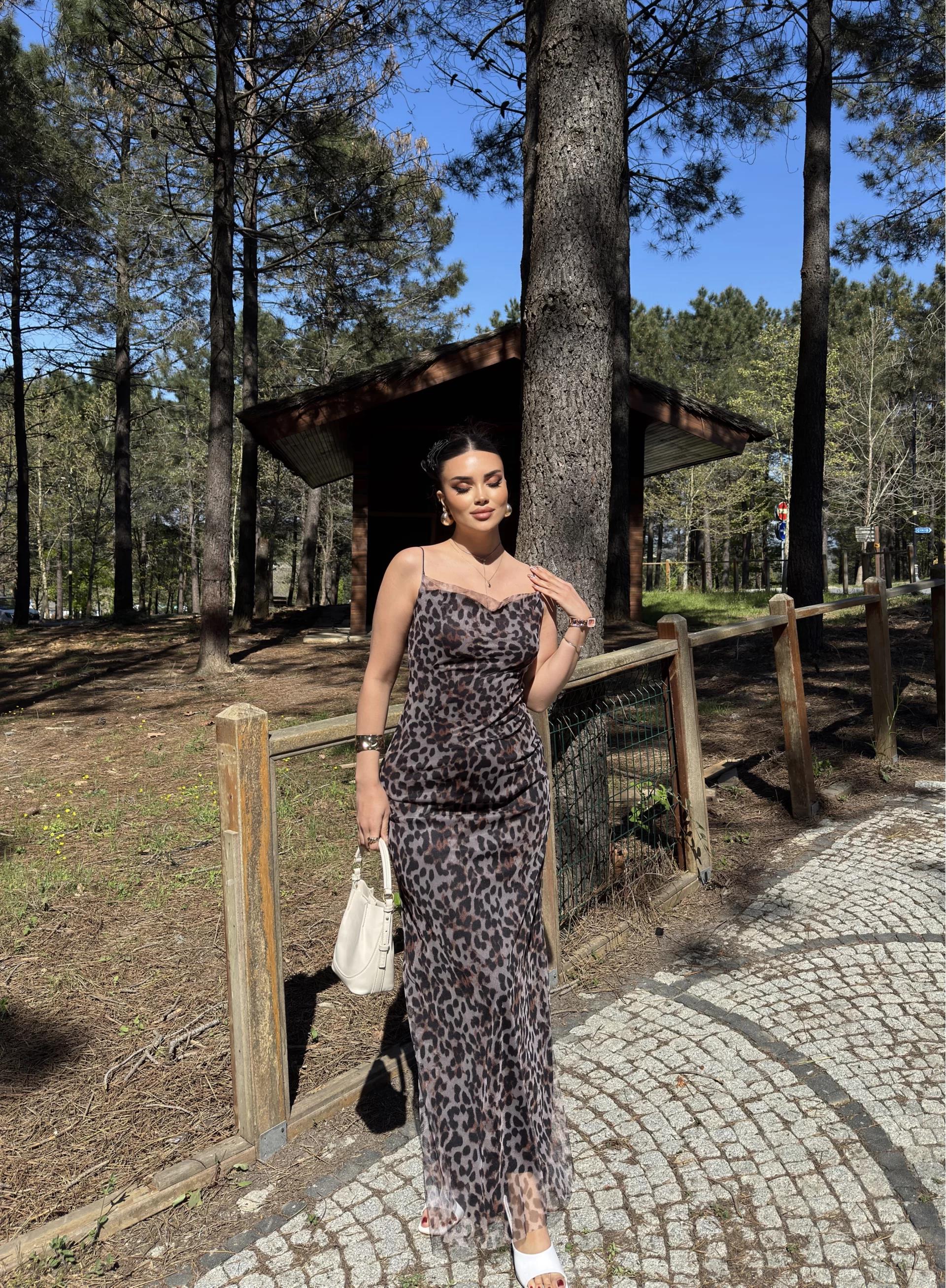 Leopar Astarlı Uzun Elbise