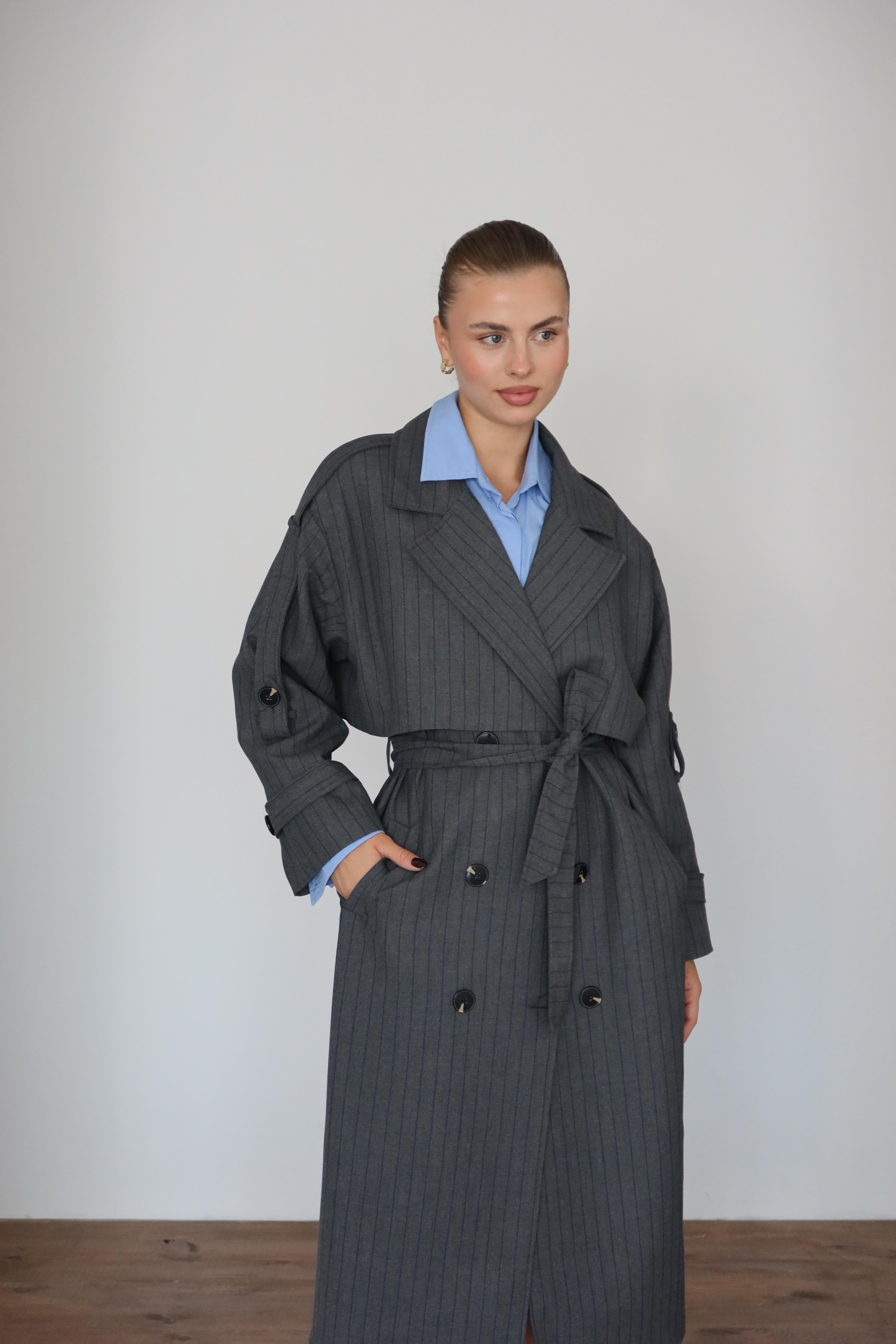 Lined Oversize Trençkot Gri