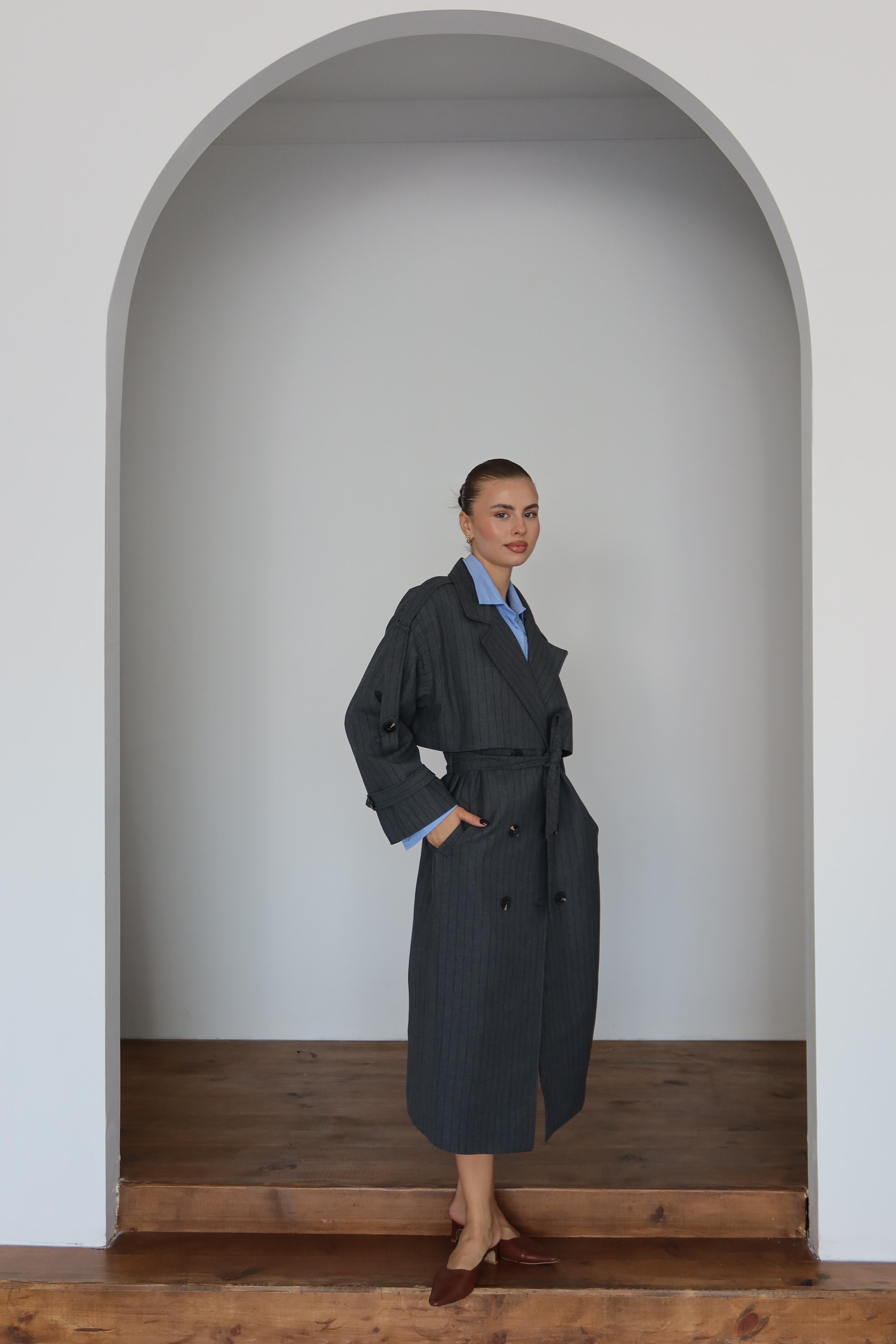 Lined Oversize Trençkot Gri