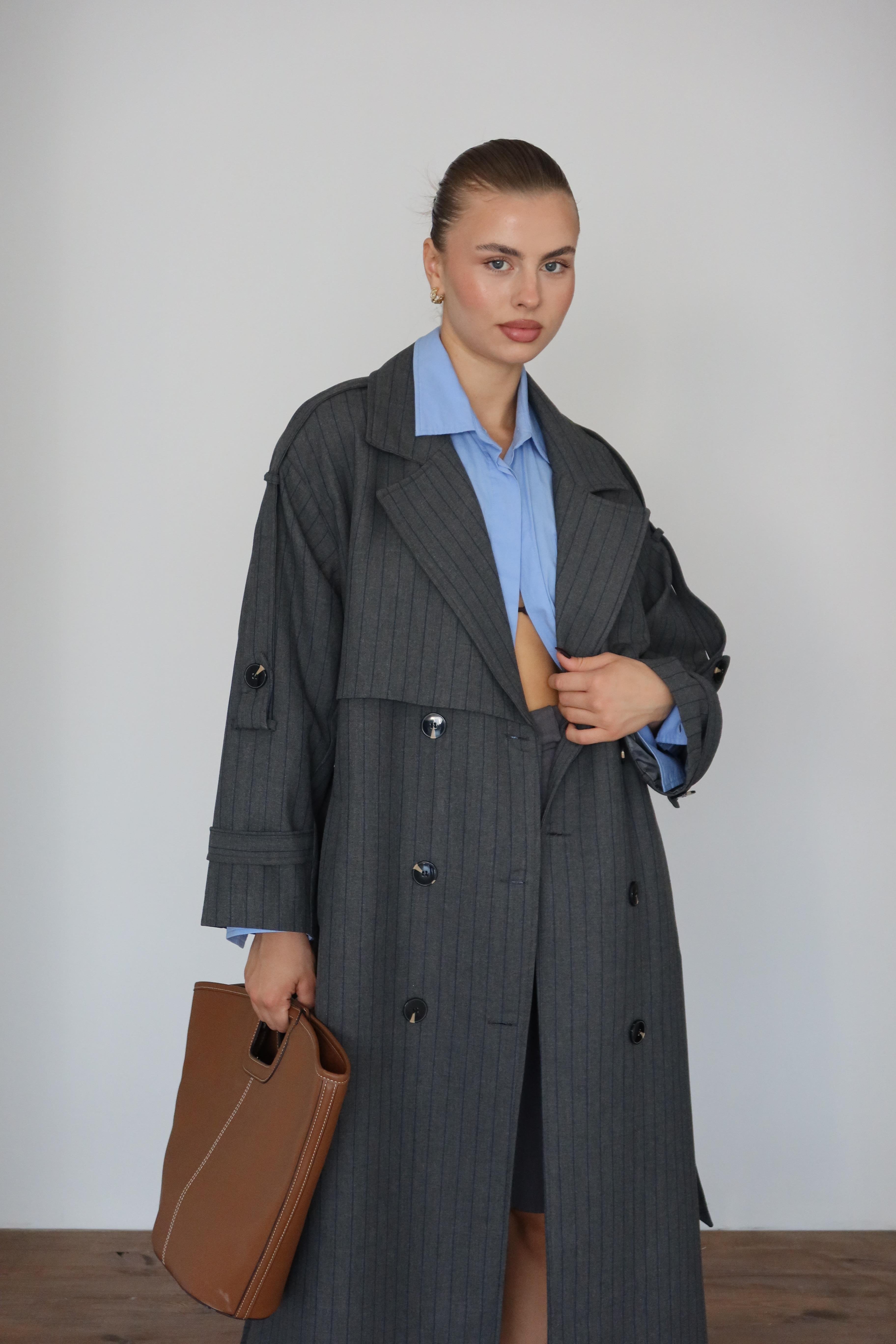 Lined Oversize Trençkot Gri