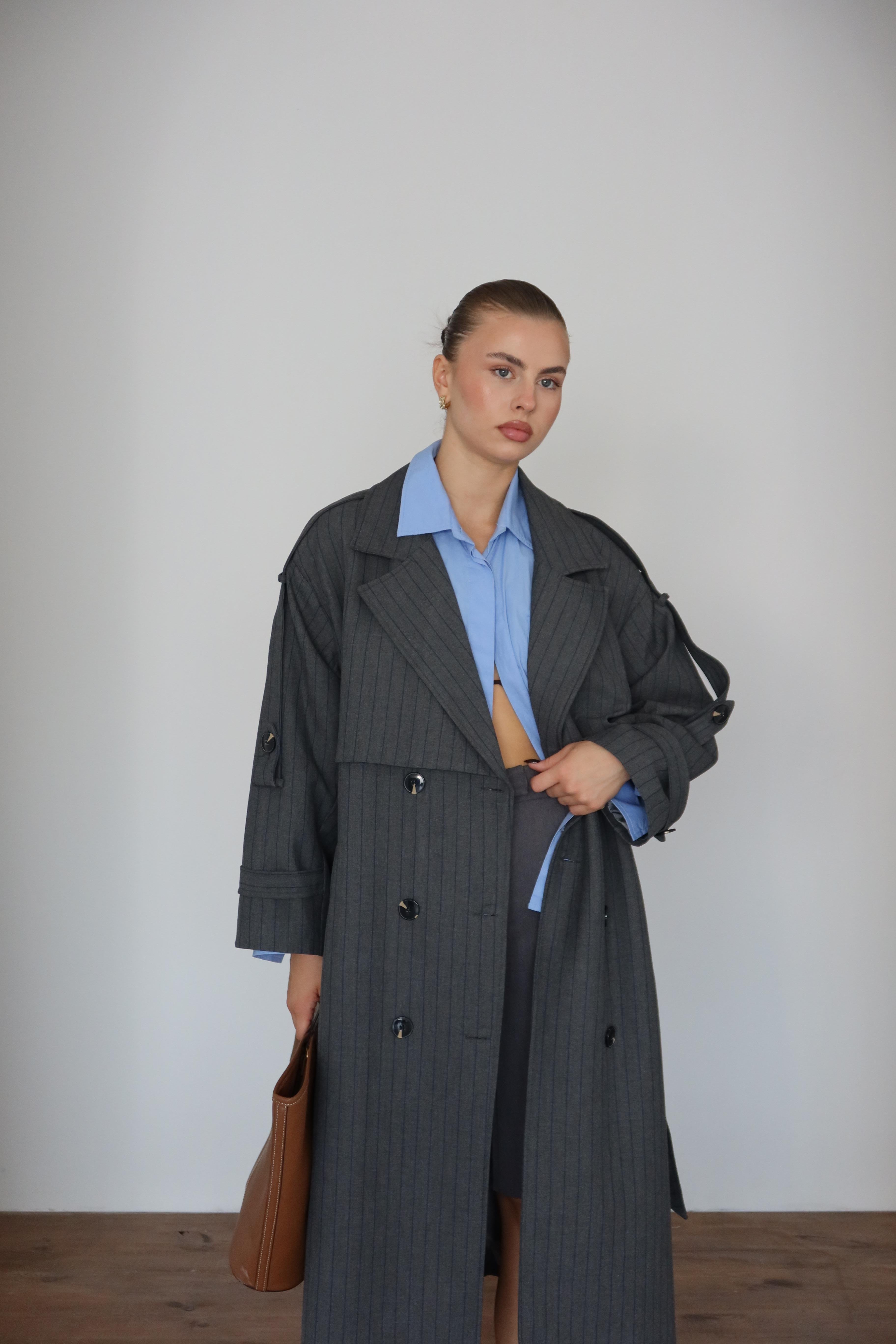 Lined Oversize Trençkot Gri